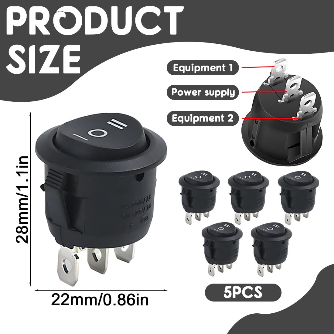 5 Unidades De Interruptores Basculantes En 3 Posiciones, 250 V 6 A, Mini Interruptor De Conmutación, Interruptor Basculante Iluminado, Interruptor De Luz Negro, Resistente Agua