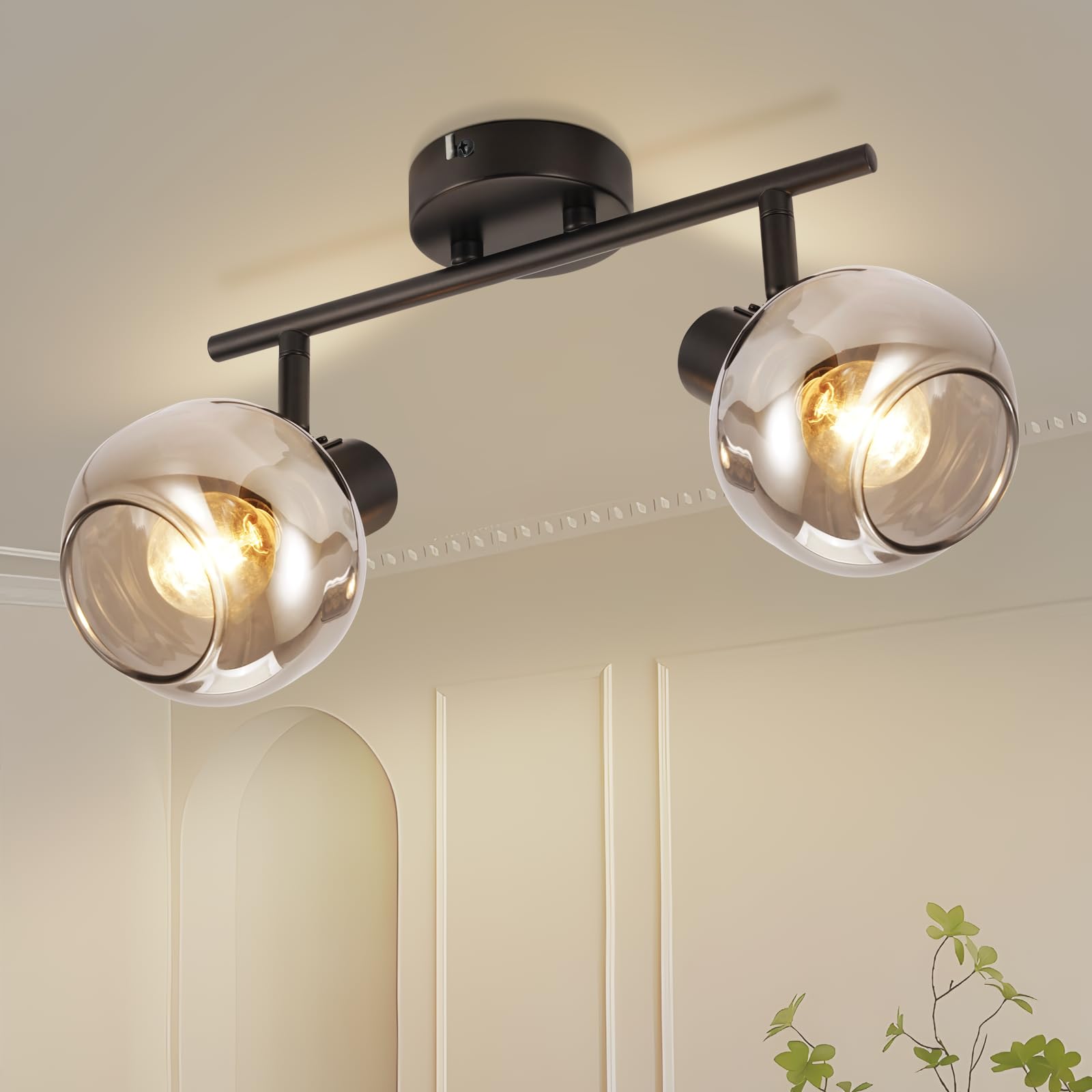 CBJKTX Deckenlampe Schwarz Deckenstrahler 2 Flammig - 350° Schwenkbar Deckenspots Rauchgrau E14 Glas Deckenleuchte Strahler Vintage Flurlampe für Schlafzimmer Flur Küche Wohnzimmer（Ohne Lichtquelle）