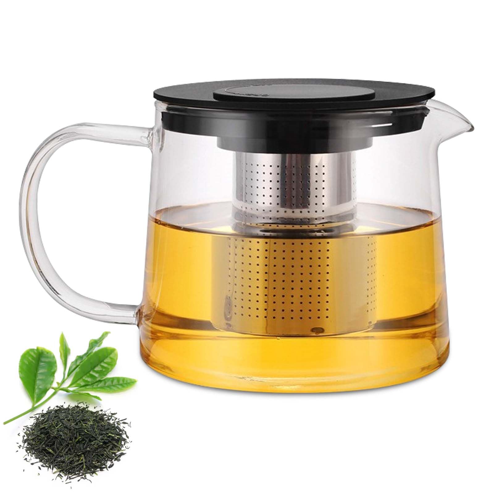 Teiera in vetro, 1,5 l, resistente al calore, con colino da tè in acciaio inox rimovibile e coperchio, teiera con inserto per colino, teiera termica per tè fiorito e tè alle foglie sciolto