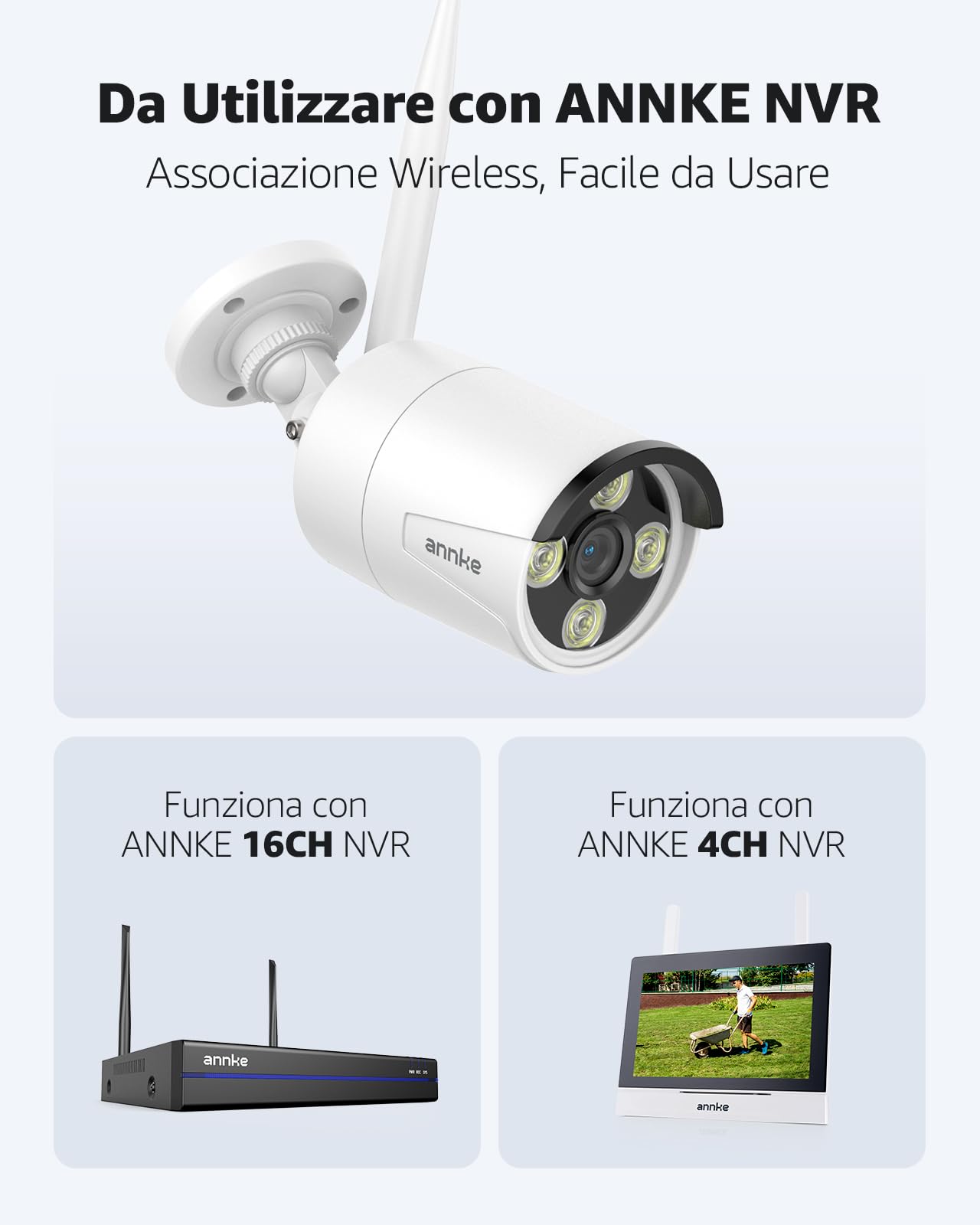 ANNKE 4K/8MP Telecamera WiFi Esterno Senza Fili, Rilevamento Movimento PIR, Audio a 2 Vie, Visione Notturna IR 30 metri, Compatibile con ANNKE 4CH/10CH/16CH Kit Videosorveglianza WiFi