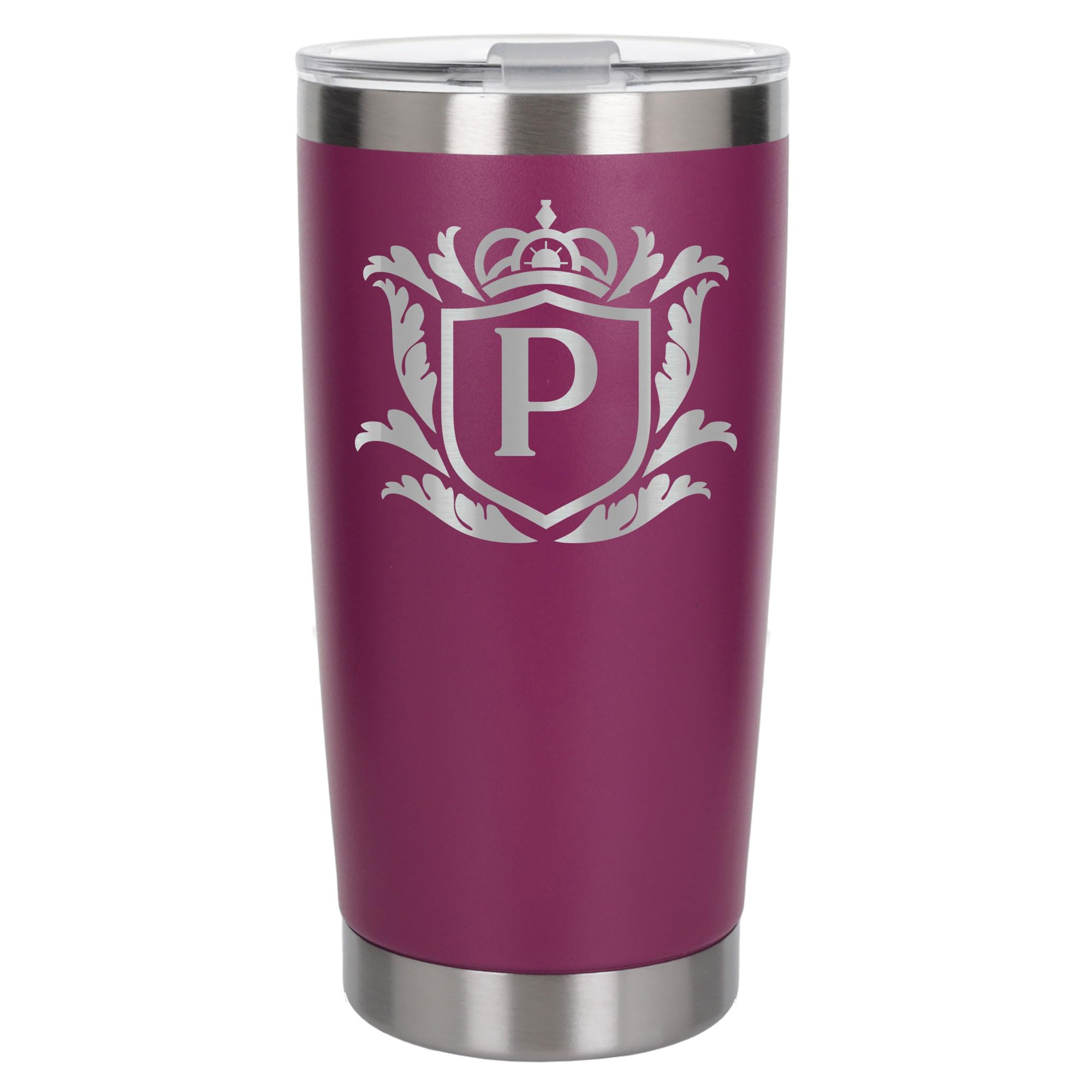 Customised Gifts 500ml Engraved Shield Initial Monogram Insulated Personalised Dark Pink Travel Mug for Men and Women - Personalised Initial Coffee Travel Mug for Hot and Cold Beverages, Letter P