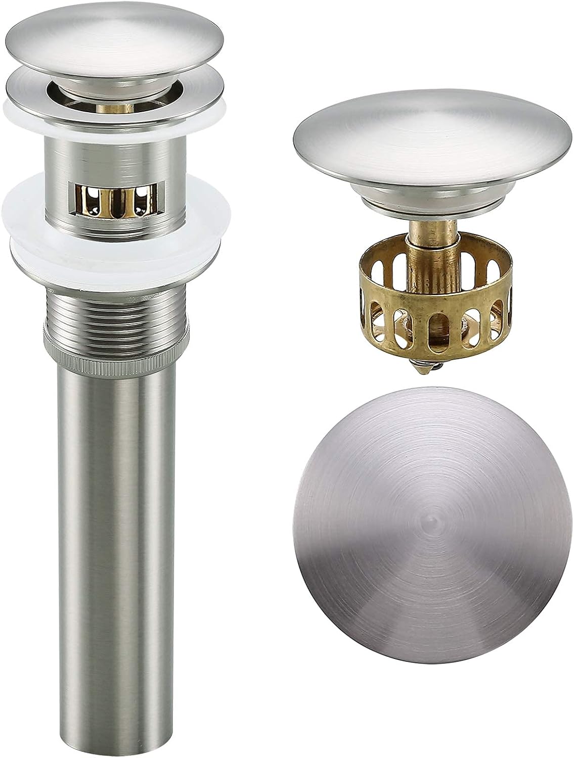 1 1/4 Brushed Nickel Sink Drain, Bathroom Pop Up Drain with Removable Brass Strainer Basket,with Overflow Vessel Lavatory Vanity Sink Drain Stopper, 83606-1BN.