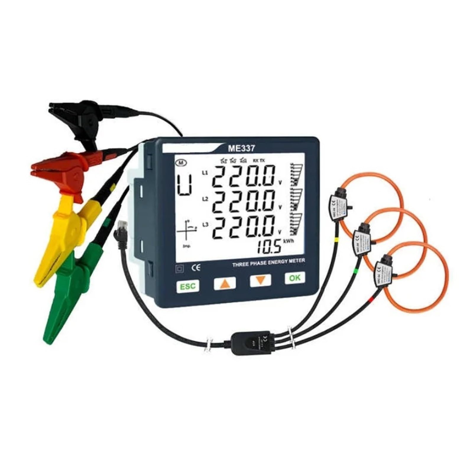 contatore Elettrico Misuratore di energia ME337 monofase e trifase con Display LCD e Pinza amperometrica a Bobina di Rogowski(ME337ND8 No Coil)