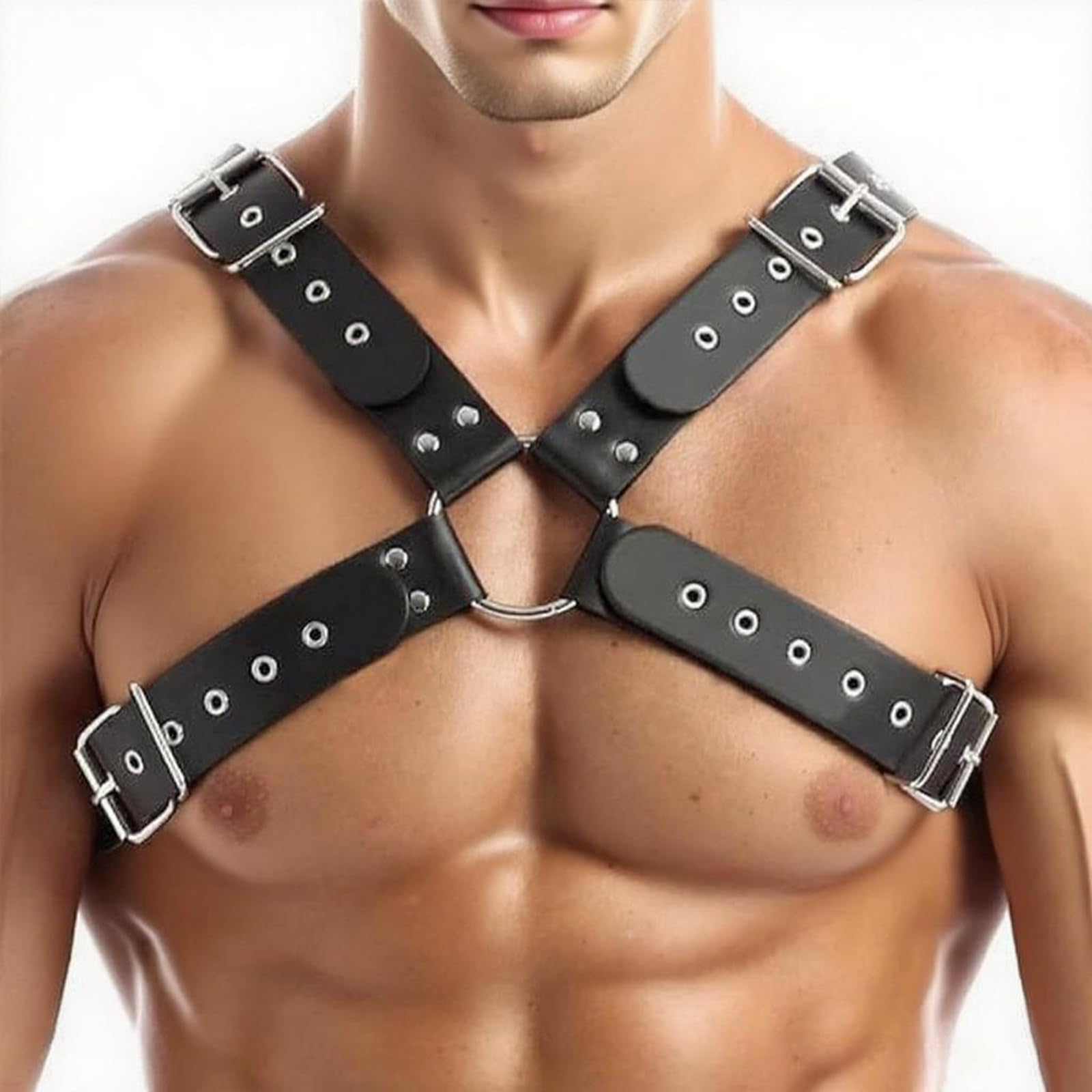 Arnés de bondage de cuero negro, diseño de cruz con anillos de metal y remaches, arnés ajustable BDSM para fetiche, gótico, punk y moda alternativa