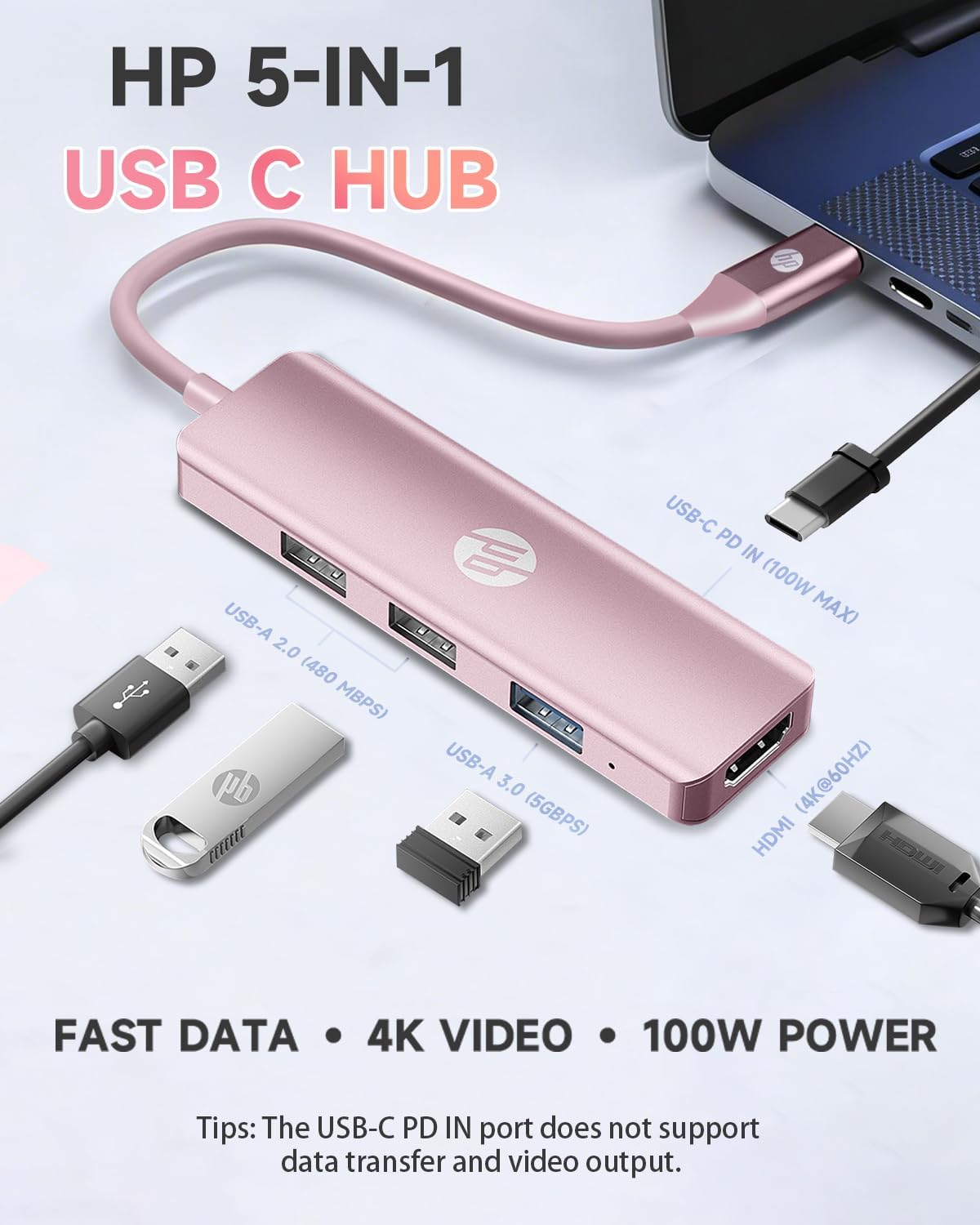 HP USB C Docking Station - 5-in-1 Multi-Port USB C Hub with 4K HDMI, 100W Power Delivery, for Laptops, MacBook, iPad, Thinkpad and More, Pink image 2