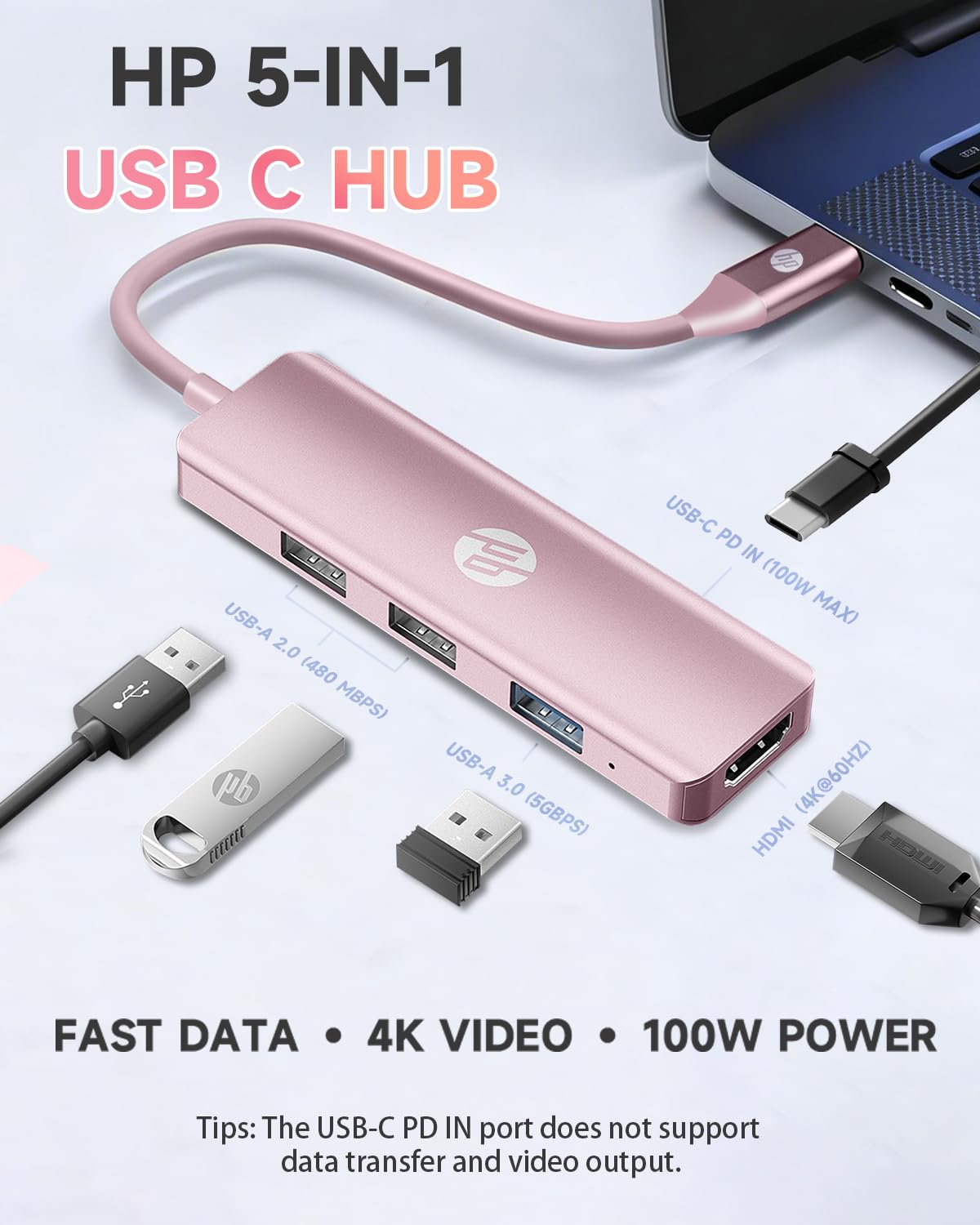 HP Docking station USB C, hub multi-porta USB C 5 in 1 con HDMI 4K, alimentazione 100 W, per laptop, MacBook, iPad, Thinkpad e altro, rosa