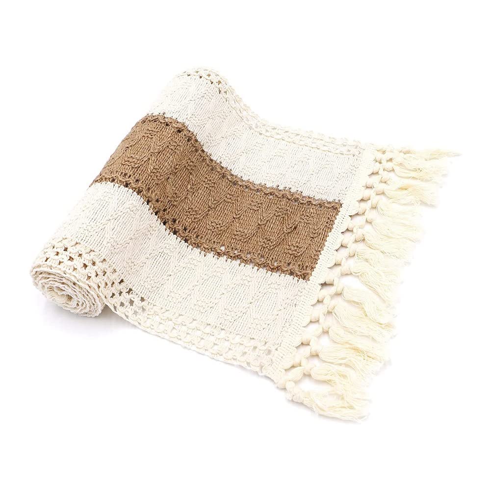 CTRLZS 1 Pcs 71Inch Long Table Runner Cream & Brown Farmhouse Table Runner with Tassels for Home Decor