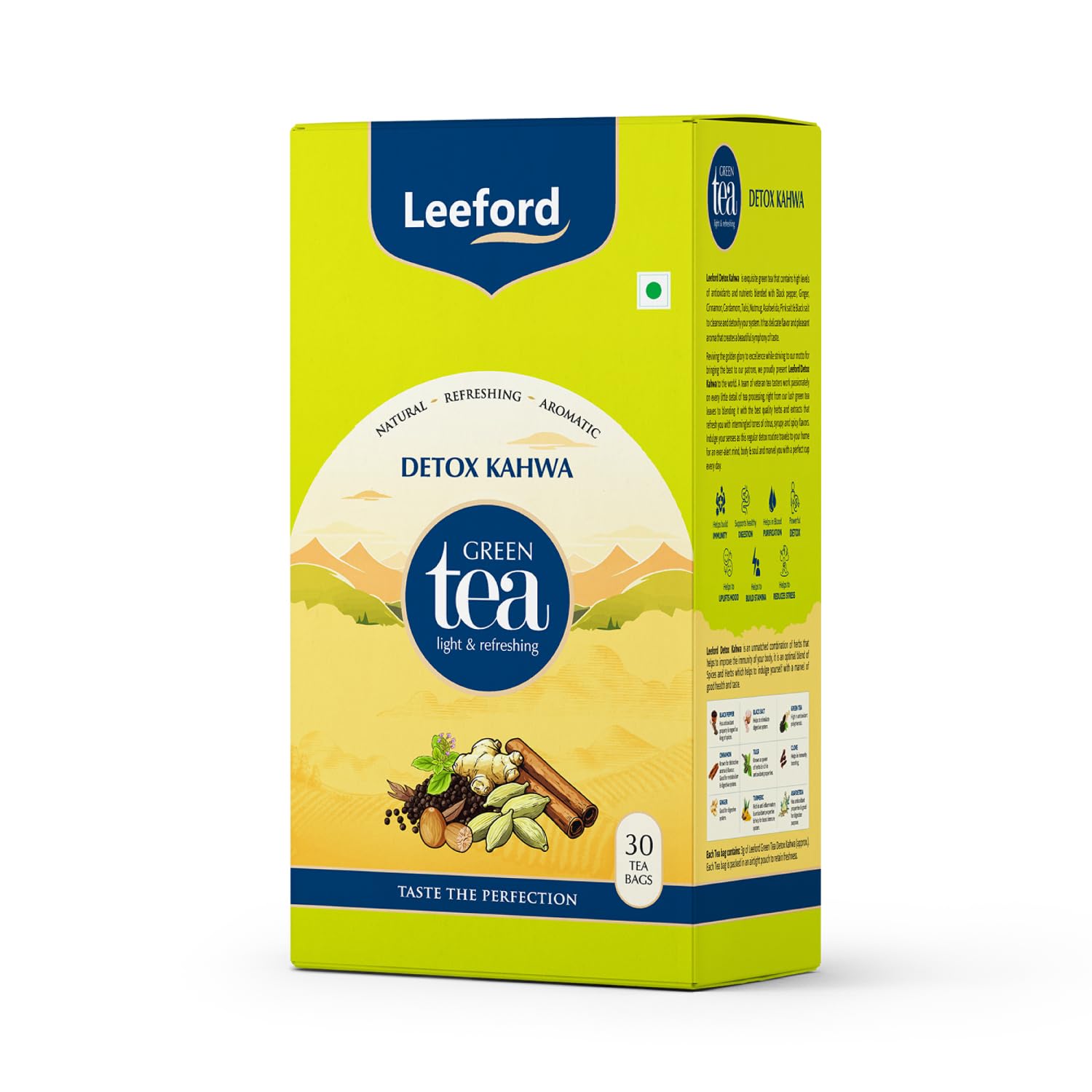 Leeford Detox Kahwa Green Tea- 30 Tea Bags | Helps to Improve Digestion & Detoxification | Enriched with the blends of Ginger, Black Salt, Turmeric, Clove & Tulsi | Green Tea for Weight Loss