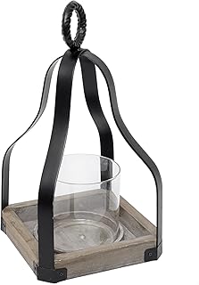 SwallowLiving 13" Rustic Farmhouse Wood and Metal Candle Candlestick Lantern Patio, Table Centerpiece