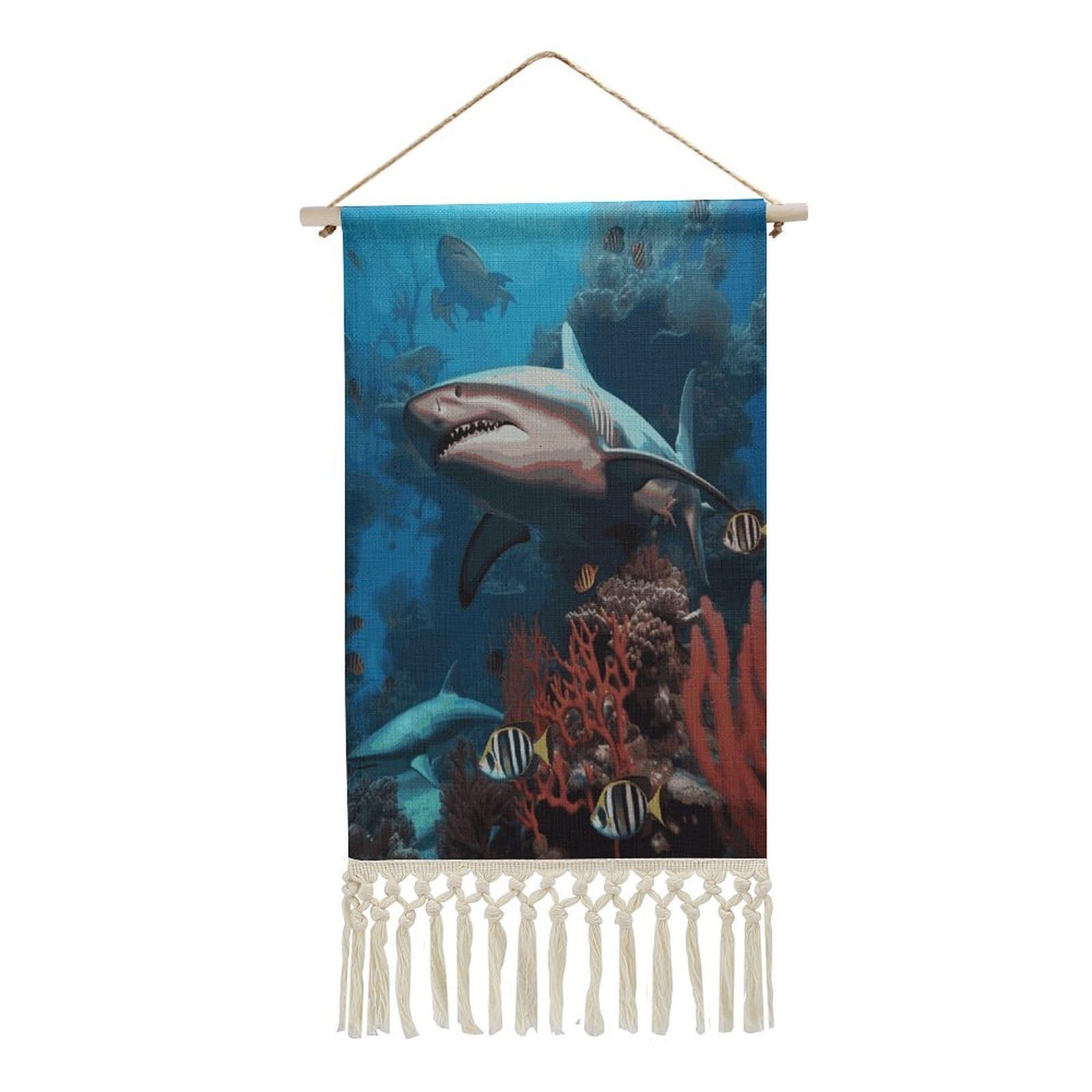 Adfgyerh Style Submarine Shark Coral Tapestry With Tassels Cotton And Linen Hanging Posters, Wall Art For Travel Gift, Wall Tapestry For Office Home Decor Bedroom Living Room Decor