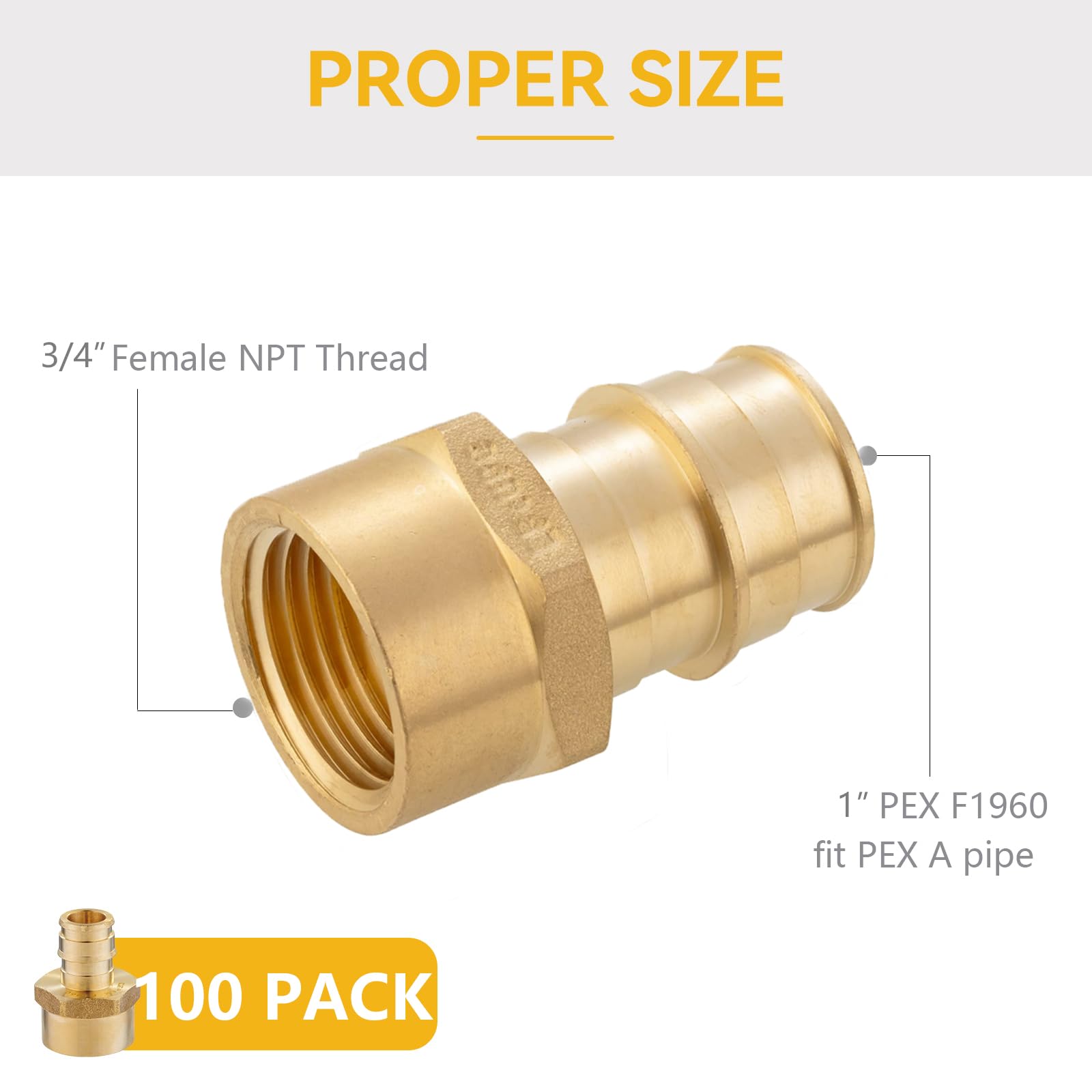 Paquete de 100 Accesorios PEX-A, 1 Pulgada PEX x 3/4 de Pulgada NPT Hembra, Accesorios de expansión roscados Hembra de latón para tubería PEX A, ASTM F1960, Cobre (PEX1960137-100Pack)