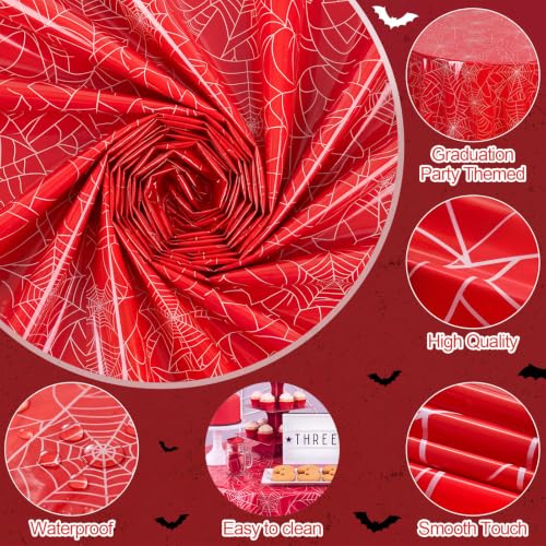 Image of Hahafelt 3 Pcs Spider Web Plastic Tablecloth 84 Inch Round Red and Blue Disposable Table Cover Spider Theme Circular Table Cloth for Birthday Party Indoor Outdoor Decorations