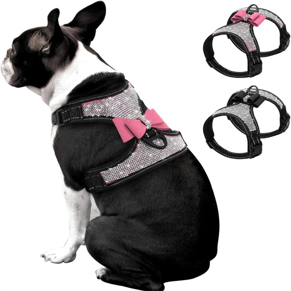 Bling Girl Dog Harness,Rhinestone Cat Bow Tie Frenchie