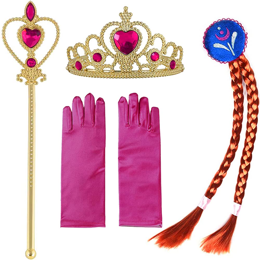 Corona Princesa Niña Peluca Trenza Elsa Frozen Varita Mágica y Guantes para Disfraz de Frozen y Anna, Accesorios Princesa Niña de Hielo Elsa para Carnaval y Fiestas de Cumpleaños, 4pcs