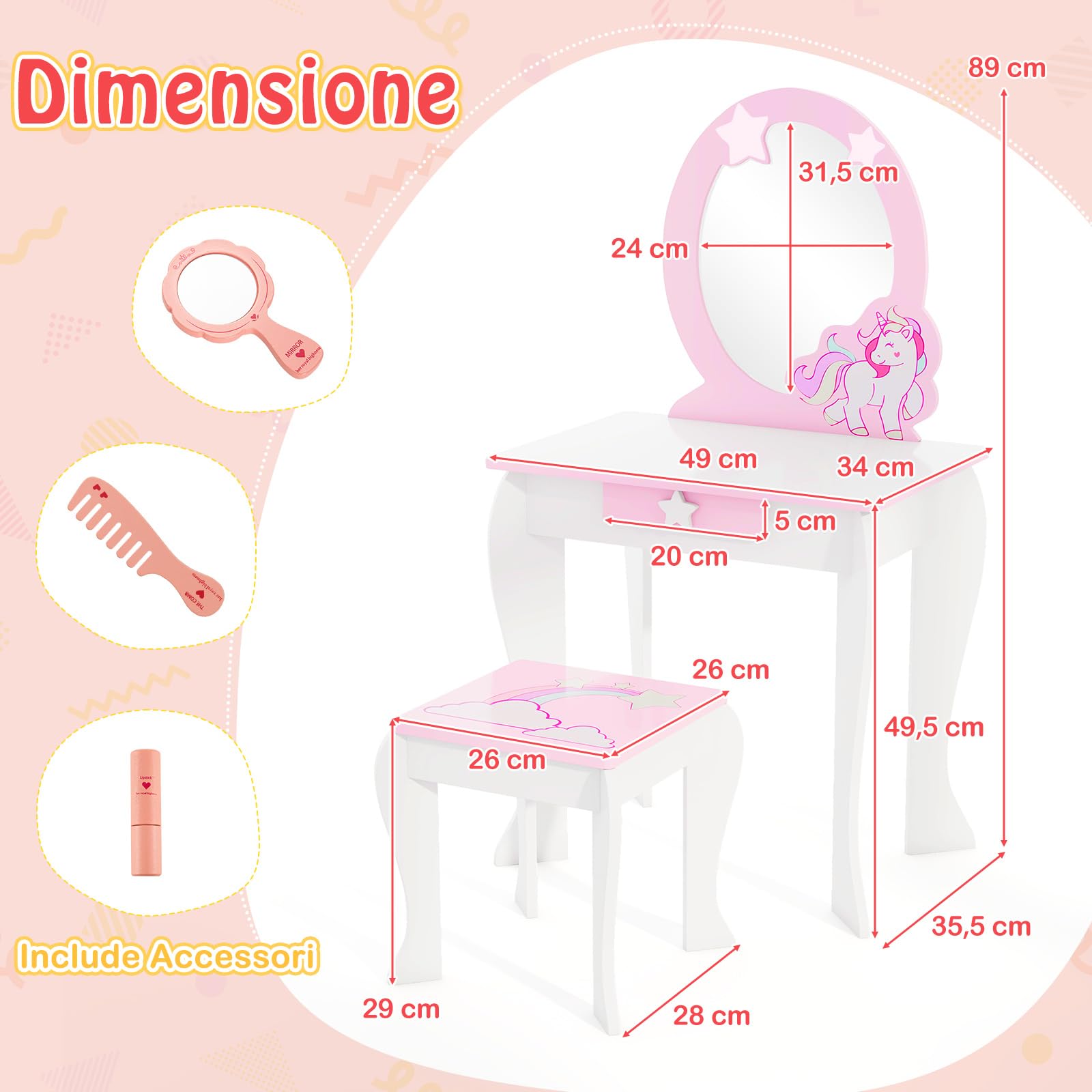 COSTWAY Set Toeletta per Ragazza, Toeletta Trucco per Bambini con Sgabello, Specchio Staccabile e Cassetto, Postazione Trucco in Legno per Cameretta 49.5 x 35.5 x 89cm (Bianco)
