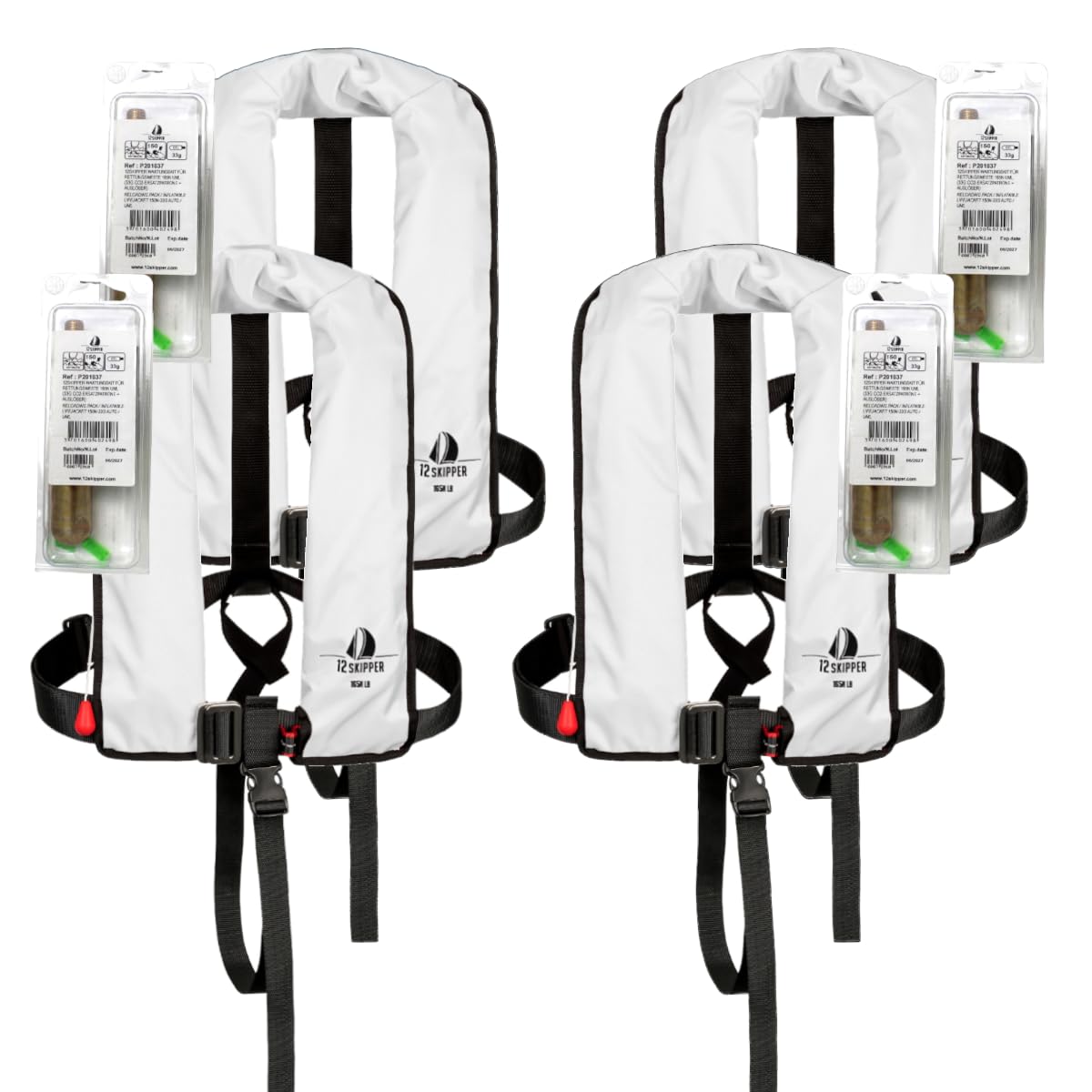 Lot de 4 Gilets de Sauvetage Automatiques ISO 165N avec Harnais, 4 Kits d'entretien Inclus, Blanc