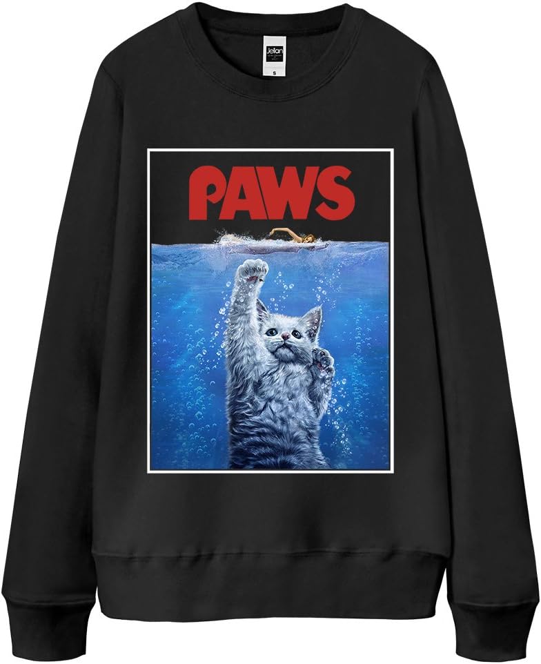 French Terry Sweatshirt - Fluffy White Cat as Monster from the Deep, PAWS! Black Small