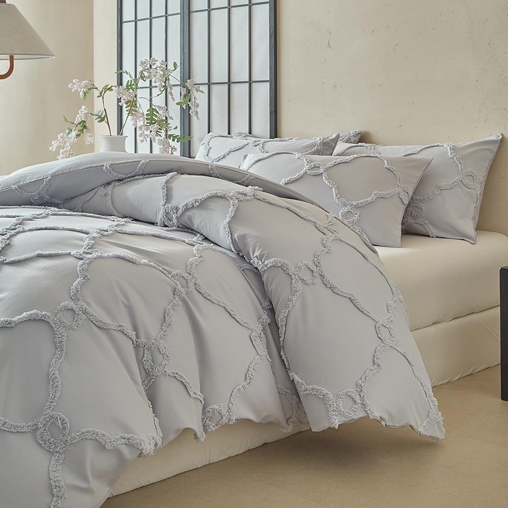 WPSJT006 - Set copripiumino trapuntato con motivo floreale, 3 pezzi, 3D in rilievo, stile bohémien, 1 copripiumino e 2 federe