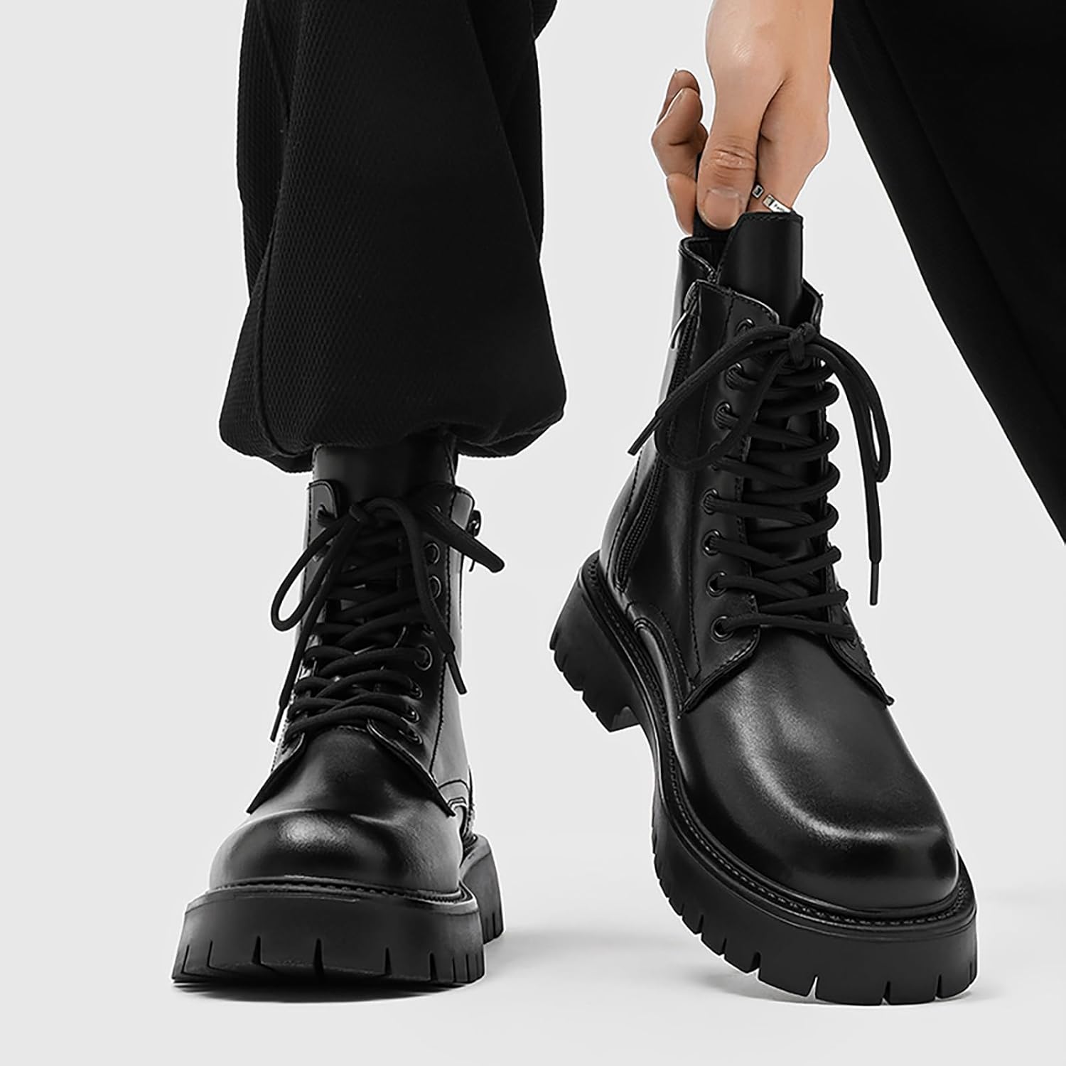 Men'S Black Patent Leather Platform Combat Boots Fashion Wide Toe Lace Up Side Zipper Sole Non-Slip High Top Motorcycle Boots Comfort Outdoor Casual Waterproof Chunky Heel Ankle Booties - Image 2