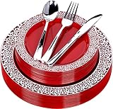 FOMOICA Red Silver Plastic Plates and Silver Silverware - 125 Piece Disposable Premium Plastic Dinne