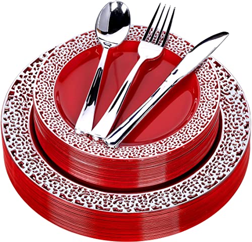 Fomoica Red Silver Plastic Plates And Silver Silverware - 125 Piece Disposable Premium Plastic Dinnerware Set – Reusable Dinner Plates, Forks, Spoons, Knives – Birthday Parties, Wedding, Christmas #TOP5