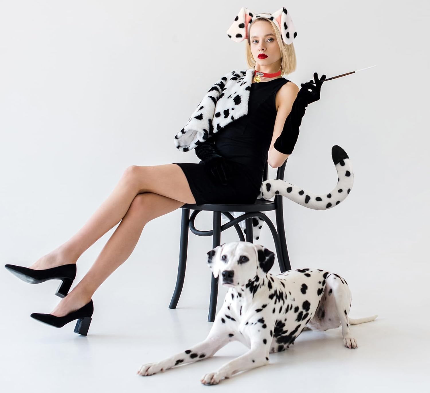 Dalmatian Costume Women Puppy Dog Ears Headband Tail with Red Heart Choker Leather Collar Animal Accessories - Image 5