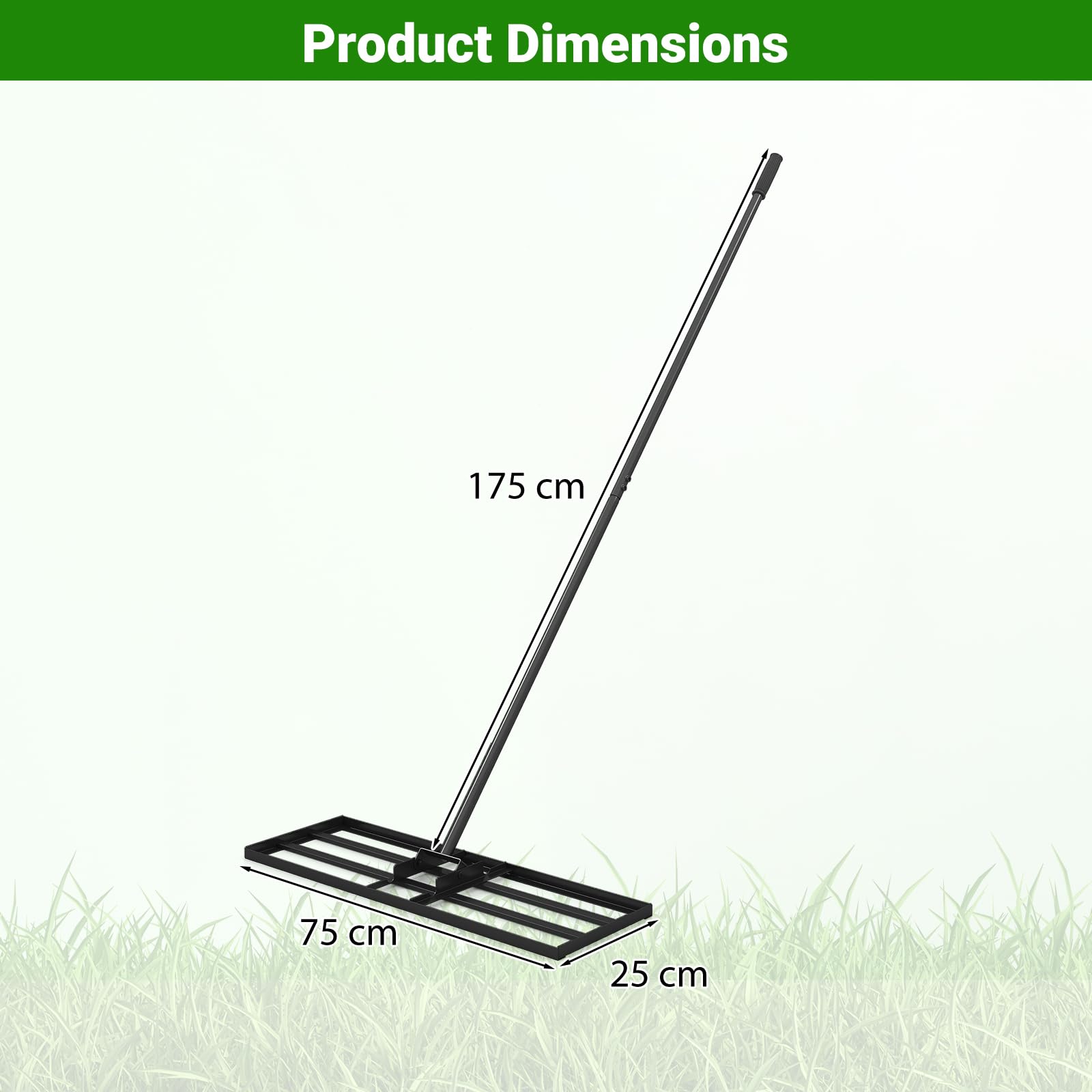 Rastrillo nivelador de césped de 30"/36"/42"/46" x 10", nivelador de césped de acero con recubrimiento en polvo con mango largo de 77", herramienta para nivelar el suelo en jardines, césped, campos