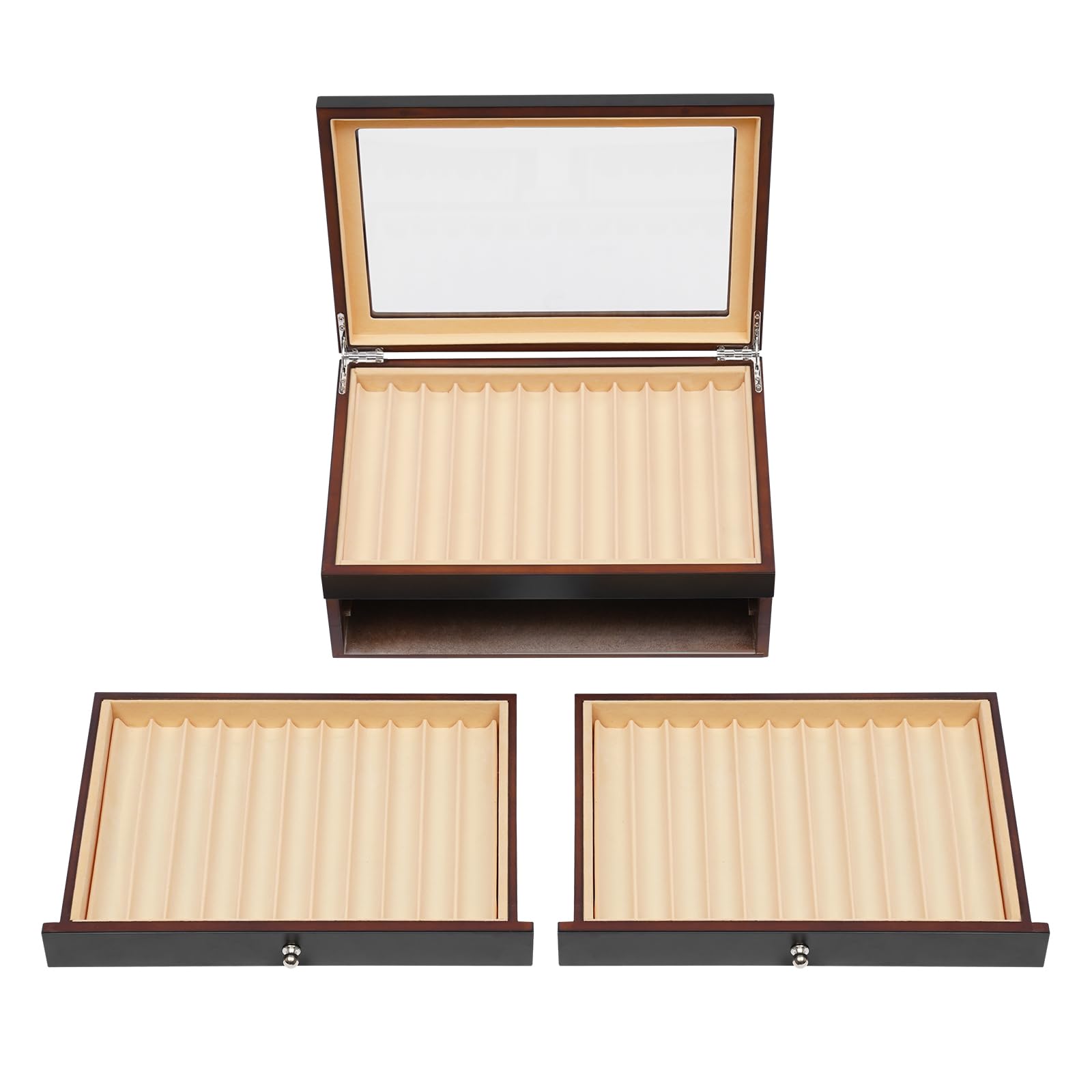 Vetrina per penne in legno, 3 livelli, 34 scomparti, portapenne, portapenne, organizer per penne stilografiche, penna a sfera e pennarelli, 31 x 21 x 12,5 cm