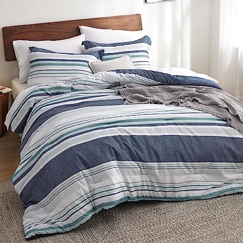 Bedsure Comforter Set Queen Size - Striped Bedding Comforter Set for Boys, 3 Pieces, 1 Soft Reversible Blue Comforter and 2 Pillow Shams - Image 2