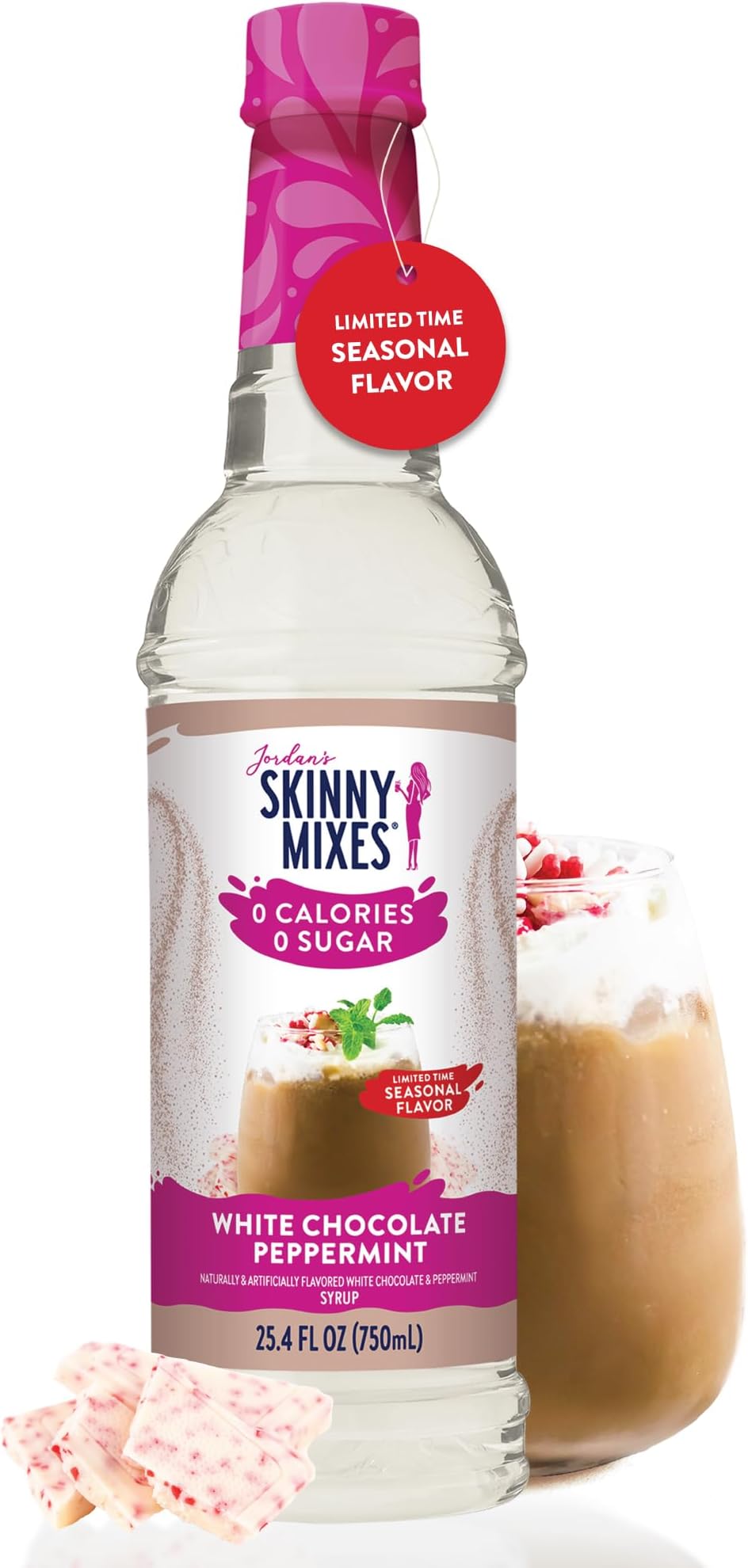 Jordan's Skinny Mixes Sugar Free Coffee Syrup, White Chocolate Peppermint Coffee Flavoring Syrup, Zero Calorie Drink Mix for Lattes, Baking, Protein Shake, Dairy & Gluten Free, Kosher, 25.4 Fl Oz