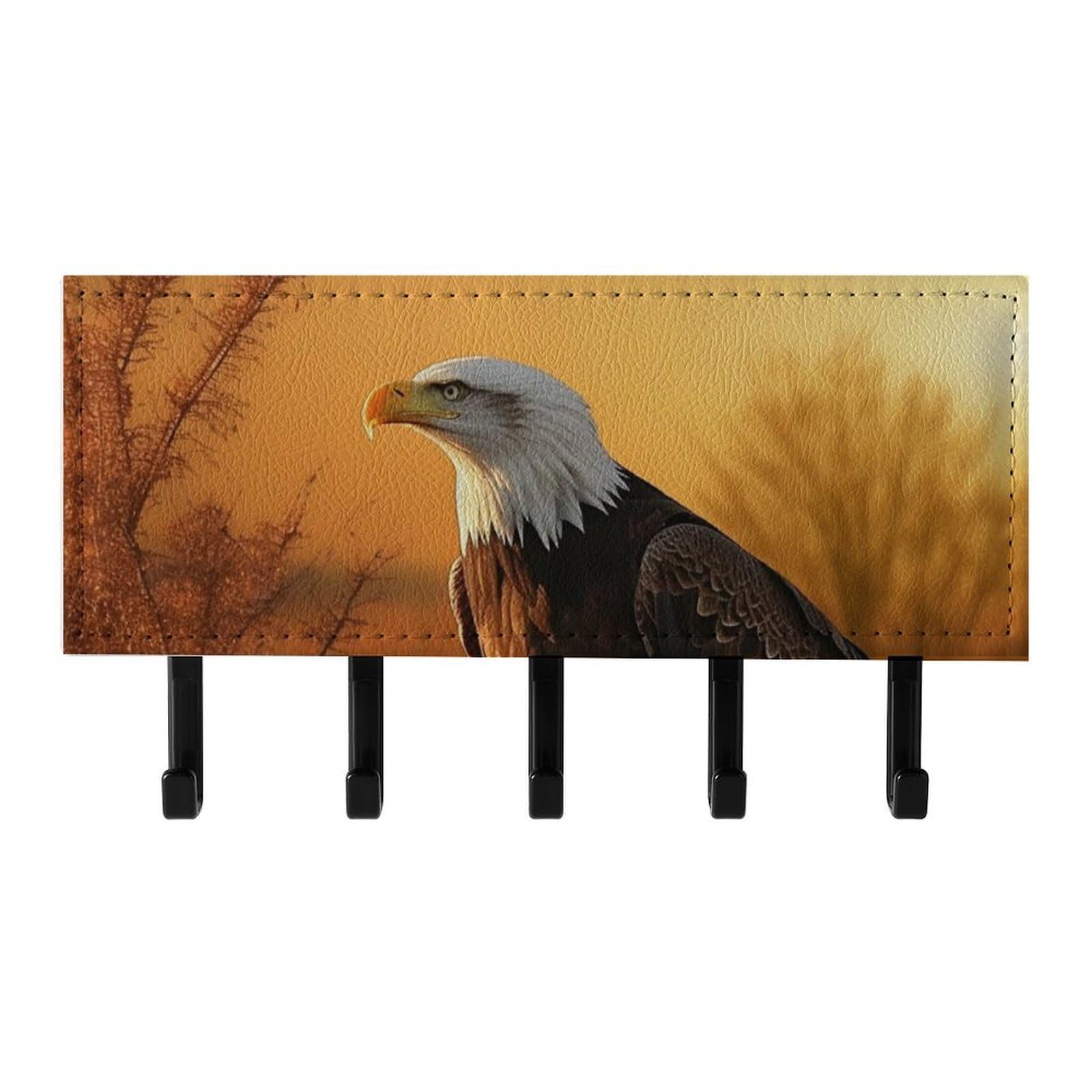 Fekiloot Black Golden Sunset Bald Eagle Key Holder For Wall Adhesive, No Drilling, Key Hooks With 5 Hooks Wall Mounted, Self Adhesive Keys Rack For Entryway, Hallway, Living Room, Kitchen, Office