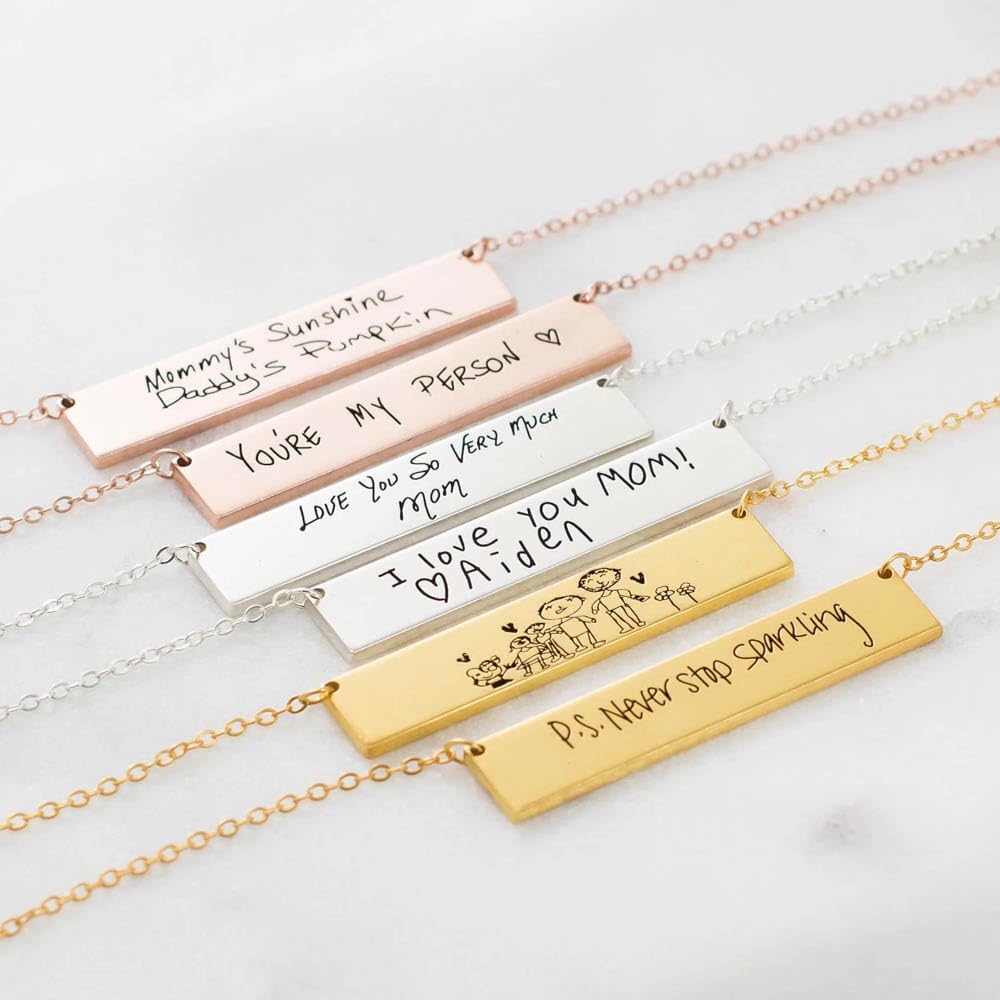 CAITLYNMINIMALIST Personalized Handwriting Bar Necklace Custom Actual Handwriting Jewelry – Engraved Memorial Jewelry Gift for Mom 18K Gold Plated Silver