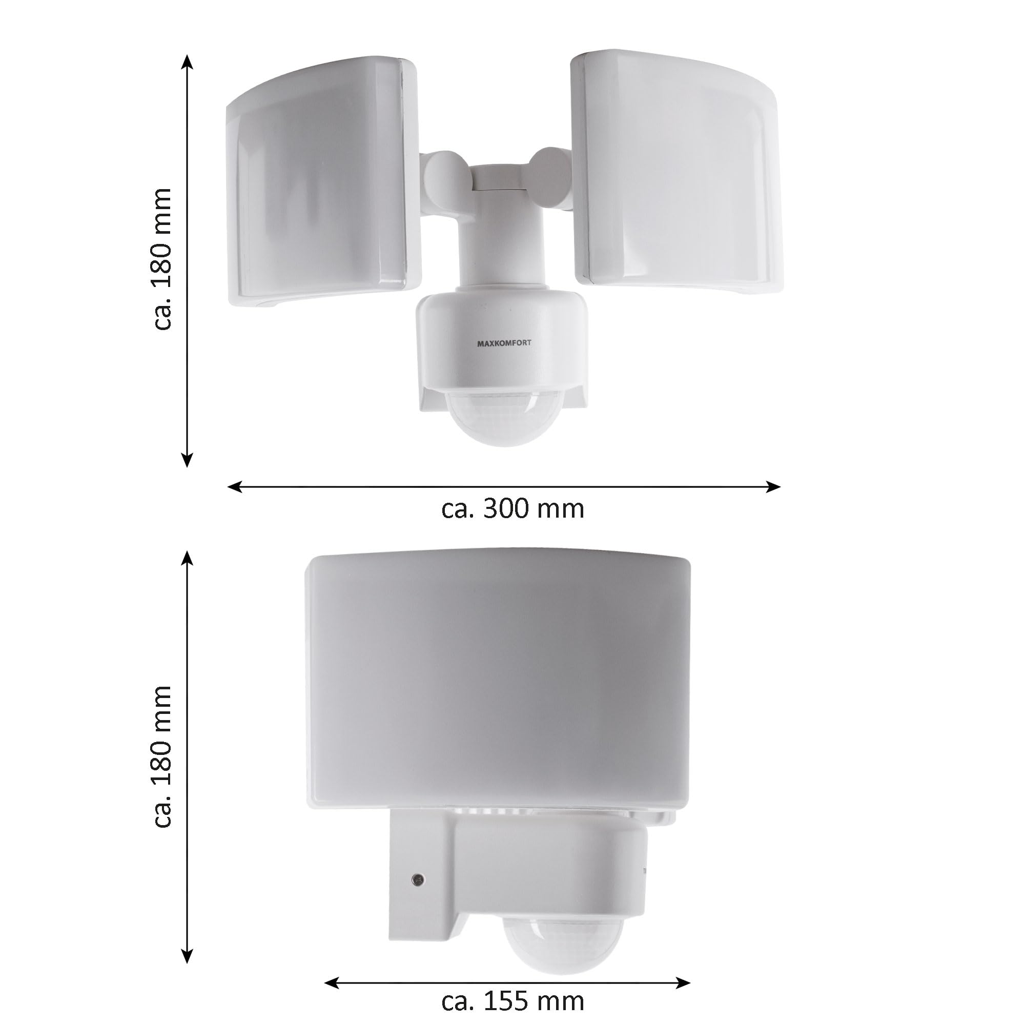 Maxkomfort LED Außenwandleuchte mit Bewegungsmelder Fluter Weiß Schwenkbar | 40W Neutralweiß 4000K IP65 3200lm | Eckmontage | Steuerung bis 500W | SUN3200