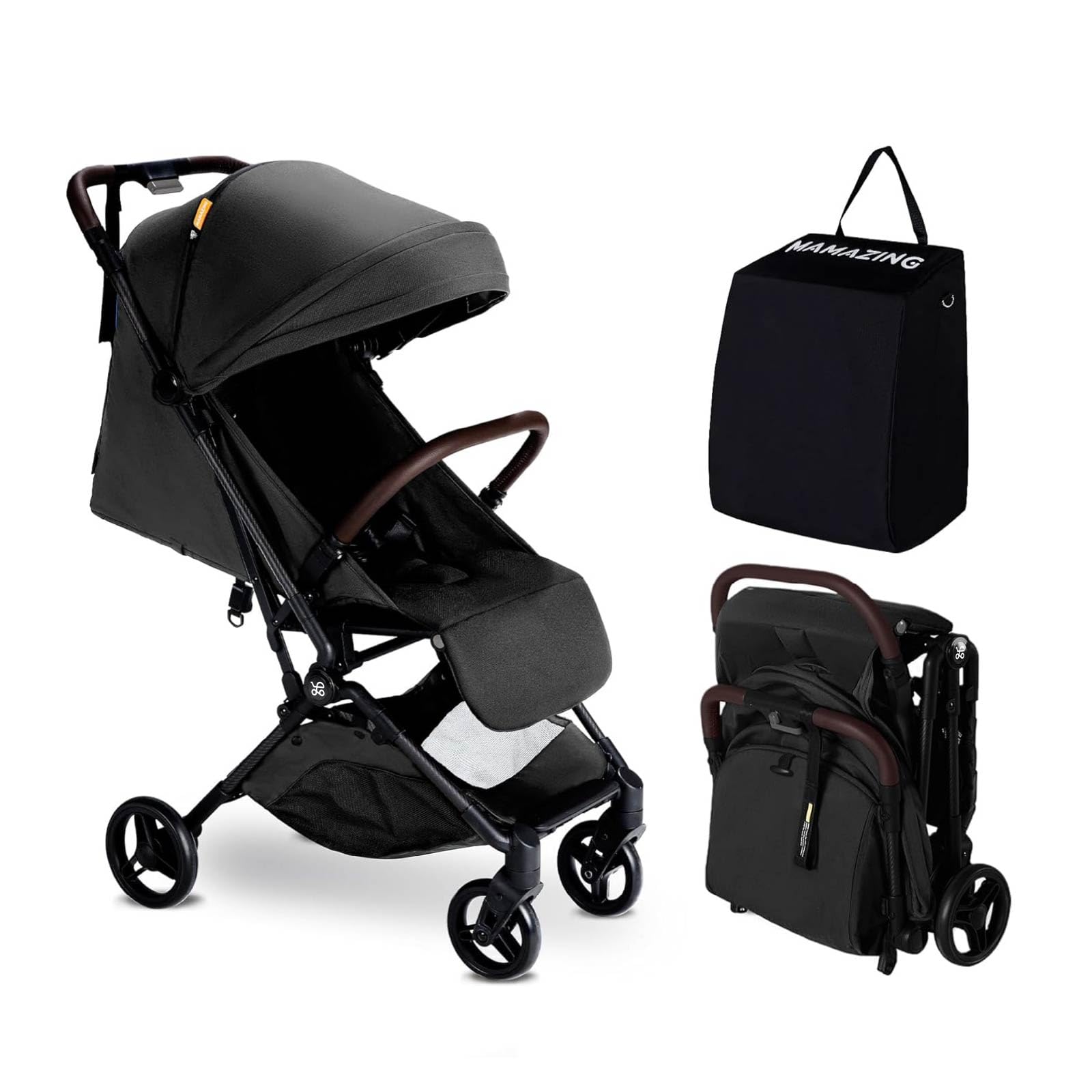 MAMAZING Silla de Paseo Ligera de Fibra de Carbono para Bebés 6M-3 Años (hasta 15kg),Compacta y Plegable con una Mano para Viajar,Carrito de Bebé para Avión como Equipaje de Mano,Peso 5.26kg (Negro)