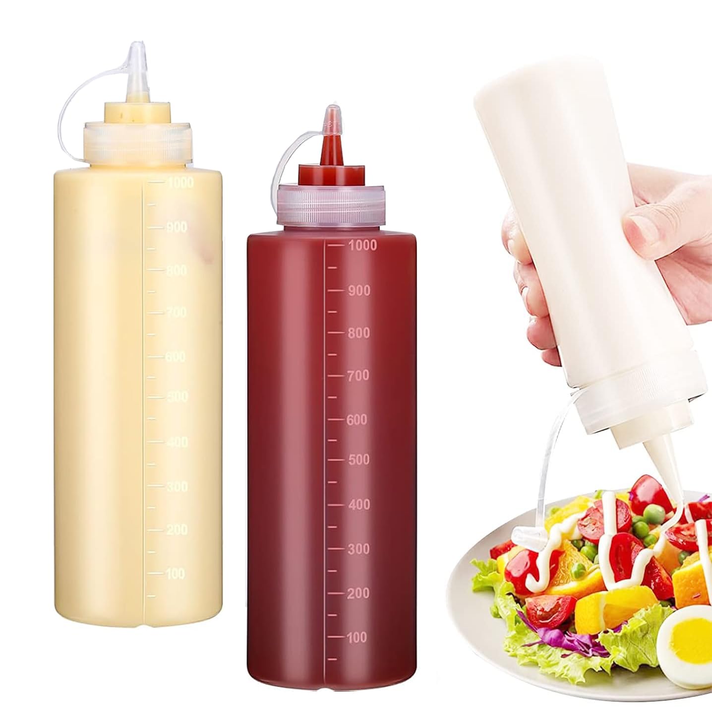 – 2 Pack Squeeze Bottles for Condiments and Sauces - 1000ml (32 oz) Large Plastic Dispenser with Measurement Scale and Leakproof Cap Lids for Kitchen & BBQ