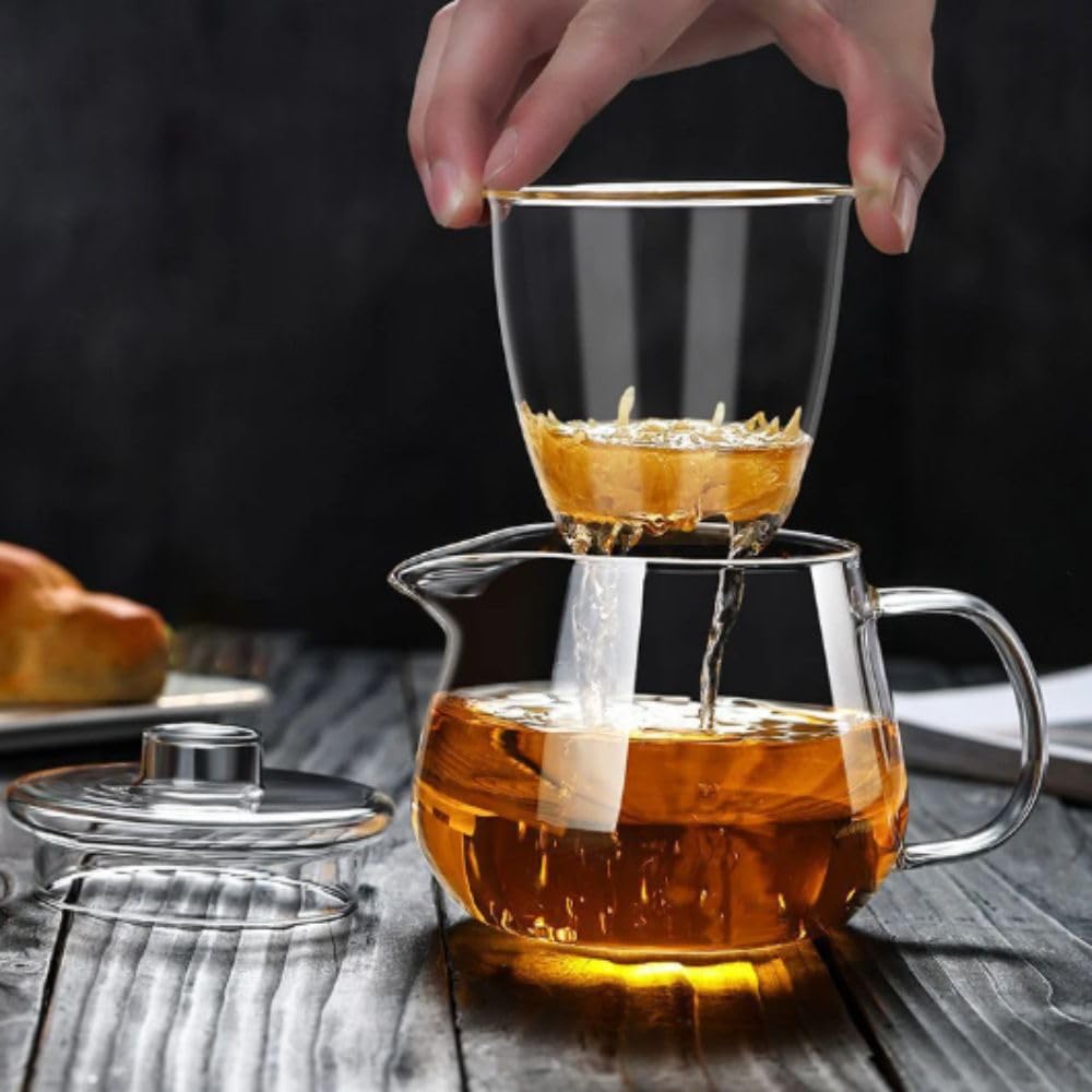 Glas-Teekanne mit Teesieb und Deckel, transparenter Teekessel für losen Tee, Kräuter- und Früchtetee, Heiß- oder Eistee, hitzebeständig und tropffreier Ausguss (500 ml)