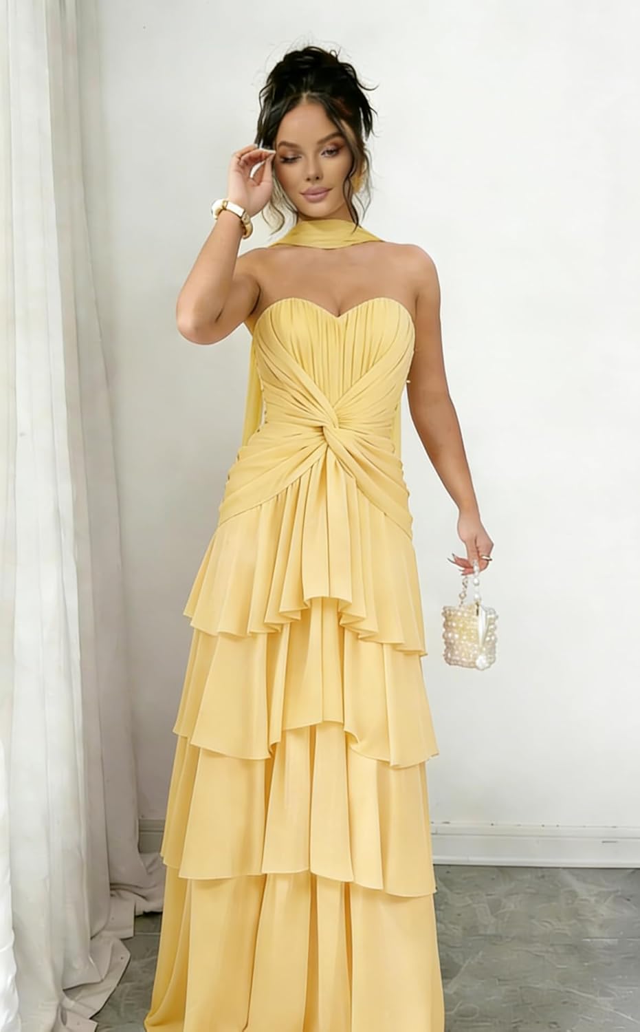 Tiered Prom Dresses Ball Gown 2026 for Women with Scarf Chiffon Pleated Strapless Long A-Line Formal Gowns L04013