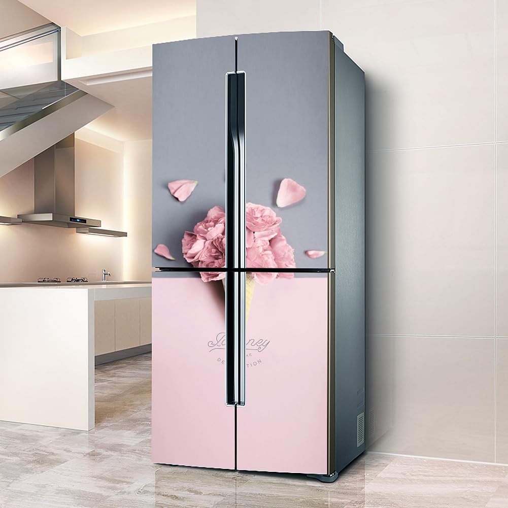 Fridge Stickers, Fridge Sticker Full Covering Door Covers Skins Wall Stickers for Kitchen Decal, Pink Flower Petals Egg roll(L: 100x180 cm)