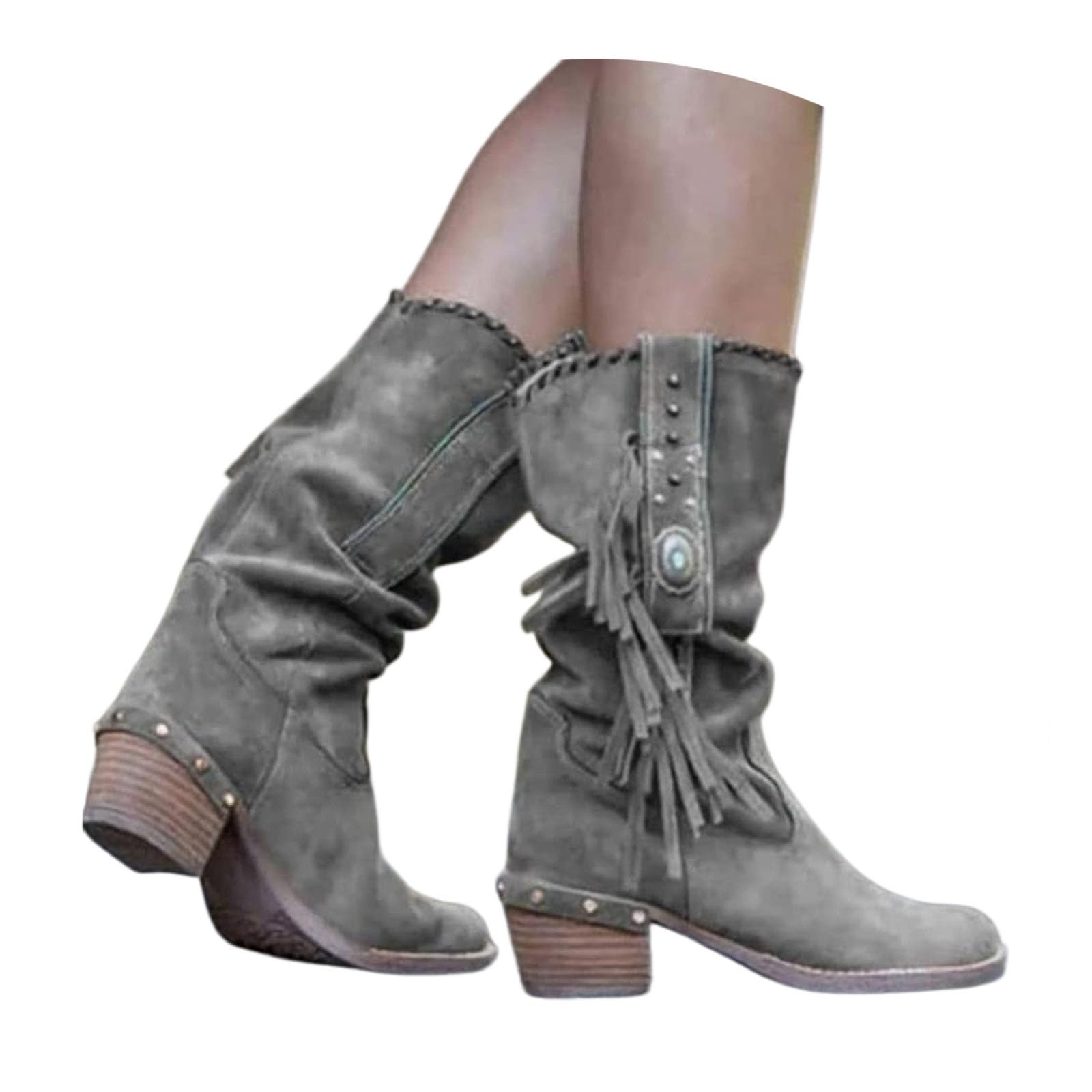 MEECHI Stivali da Cowboy Western con Pietre Stivaletti da Donna con Frange | Retrò Boots Casual Con Tacco Largo Stivaletti Slip-on Invernali Con Punta Tonda Scarpe Da Lavoro Antiscivolo