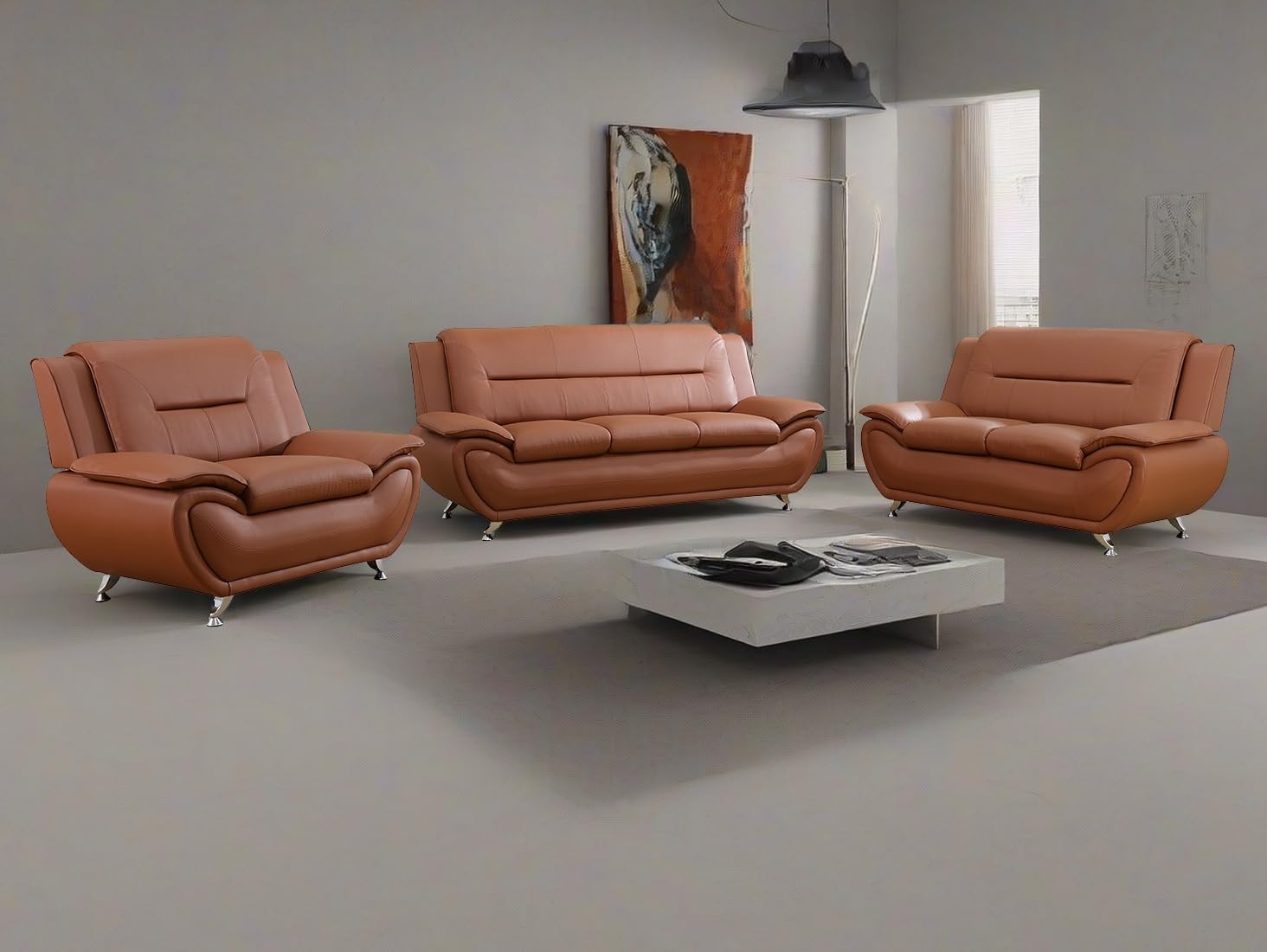 Living Room Sofa Set Faux Leather Couches, Sofa for Bedroom, Apartment, Living Room Furniture Set (b-Leather Orange, Sofa+Loveseat+Chair)