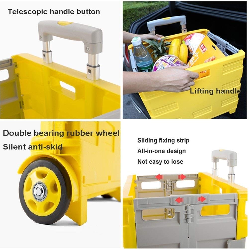 Carretilla con Caja Plegable Carrito De Compras Plegable De Plástico, 2 Ruedas Plegable Carretilla con Asa Telescópica, Transportwagen con Caja De Almacenamiento Tapa, 40kg- 45L Apoyo For Carga / 65L