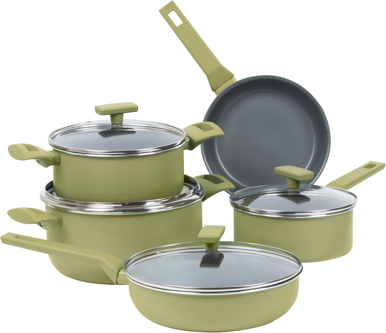 Cooking Pots and Pans Set 9-Piece, Non Stick Aluminum Cookware Set, Sauce Pans & Stock Pots with Lid, Cool Touch Handle, Compatible Base (Gas, Electric & Induction), Sage Green
