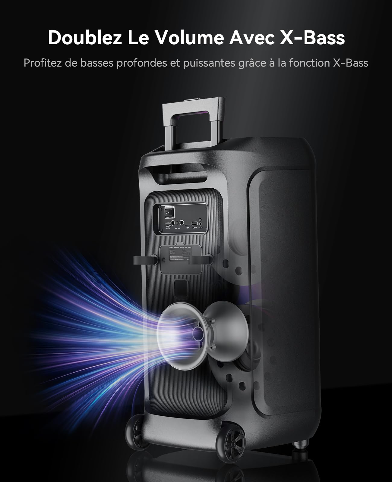 GKDT81 Enceinte De Soirée Karaoké – Système PA Portable 800W avec 2 Microphones, Double Subwoofer 8 Pouces pour Basses Profondes, Haut-Parleur Bluetooth Lumineux avec roulettes & Poignée Télescopique