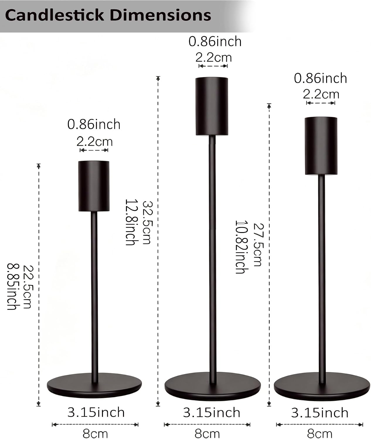 3‑Pack Modern Iron Tall Candlesticks for Taper Candles