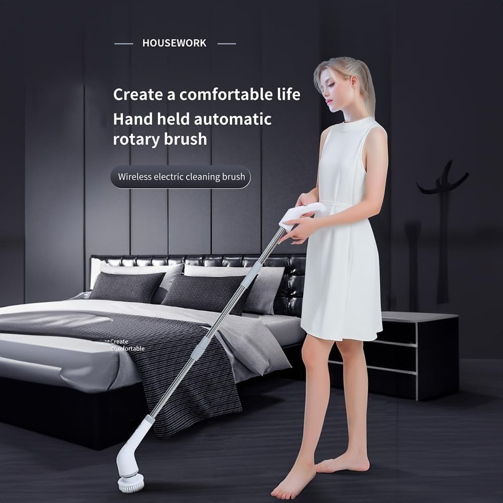 Fregadora Giratoria Eléctrica Inalámbrica, Cepillo De Limpieza Retráctil Eléctrico Multiusos Con 7 Cabezales De Cepillo Reemplazables Y Brazo De Extensión Ajustable For Baño, Piso, Ducha, Fregadero, V