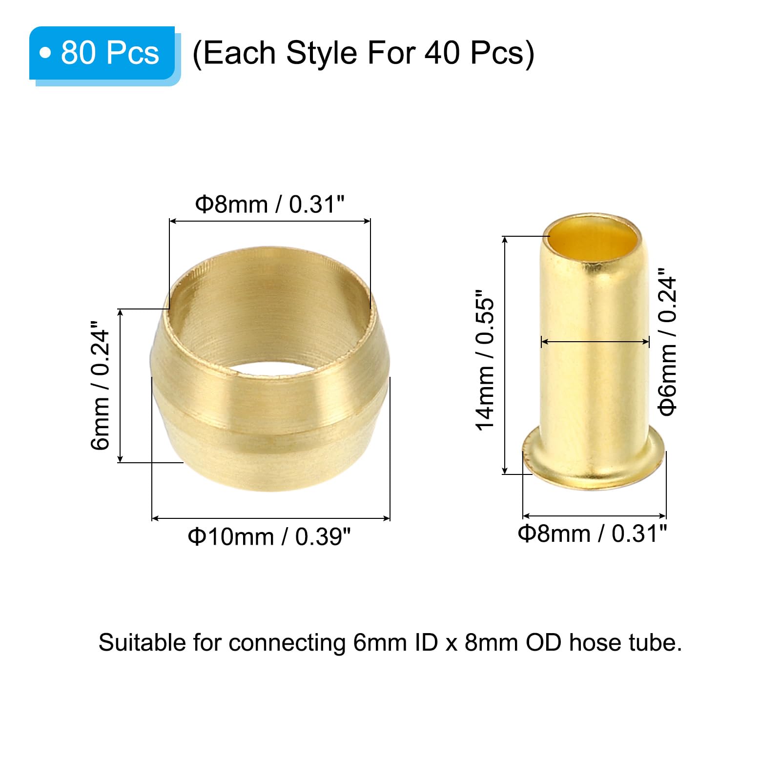 PATIKIL Messing Kompressionshülsen, 80 Stück 8mm ID x 8mm OD Schlauchrohr Messing Ferrule, Kompressions Einsatz Fitting Sortiment Kit für Luft Wasser Gasrohr