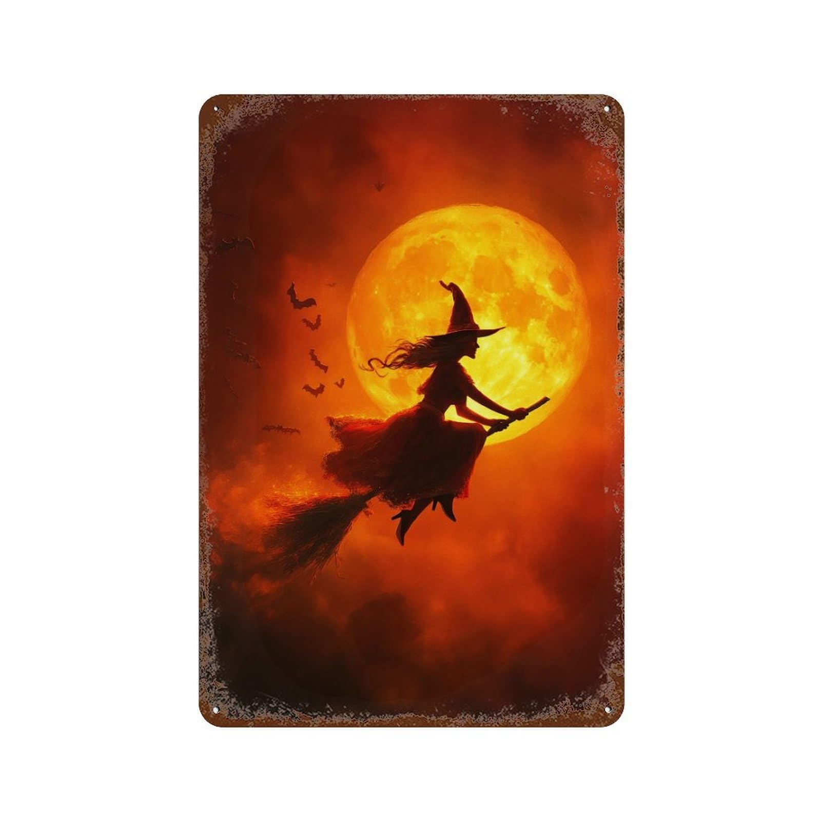 Rust Effect Witch Flying Broomstick Moonlight-1 Vintage Metal Tin Sign 11.8"x7.9", Vintage Wall Decor for Office, Studio And Wall Decor