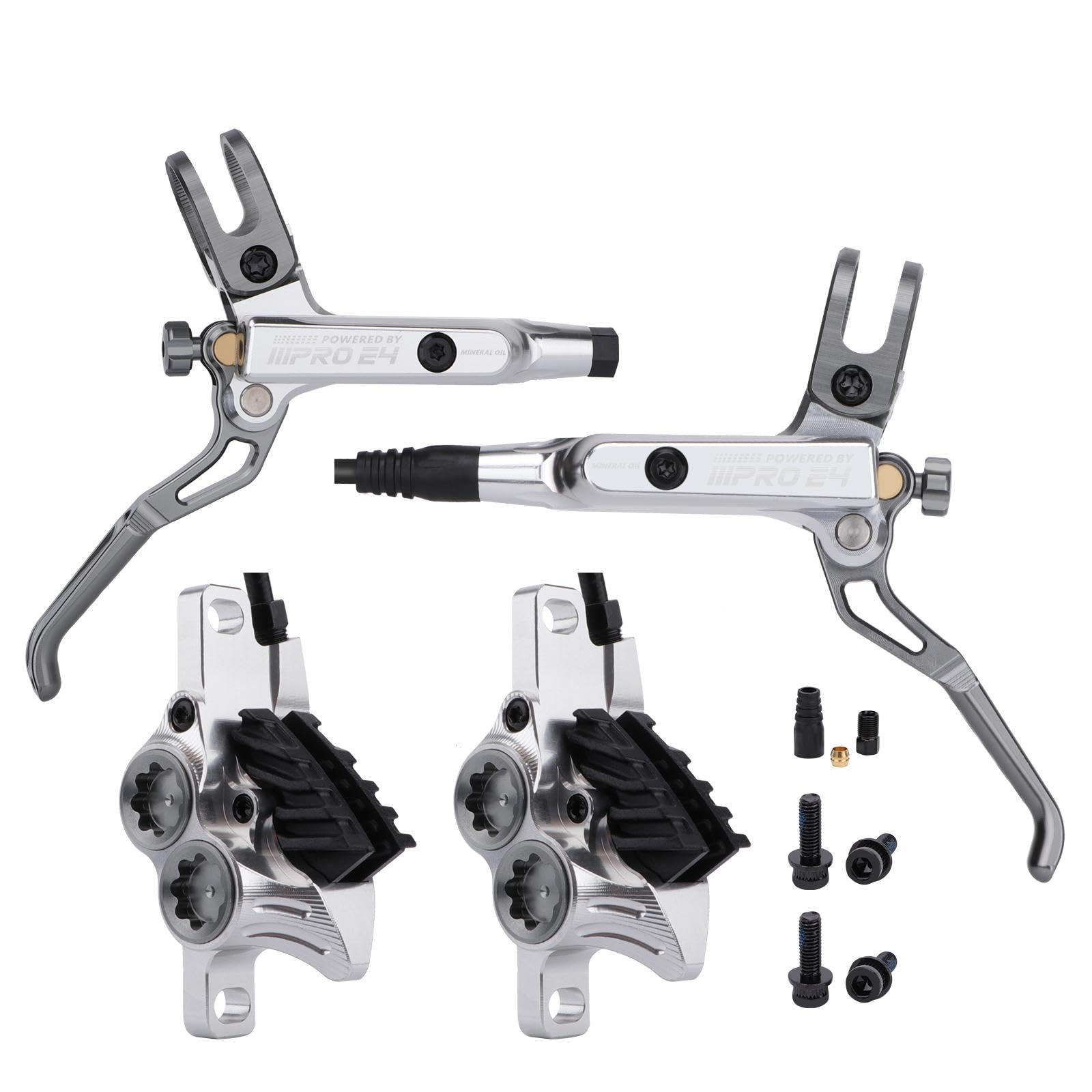 MEROCA IIIPRO E4 Hydraulic Disc Brake Set - 4-Piston MTB Brakes, 641N Braking Force, TUV Certified, Lightweight 475g, for Mountain/E-Bike/Folding Bicycles (Silver, Left Rear Right Front)