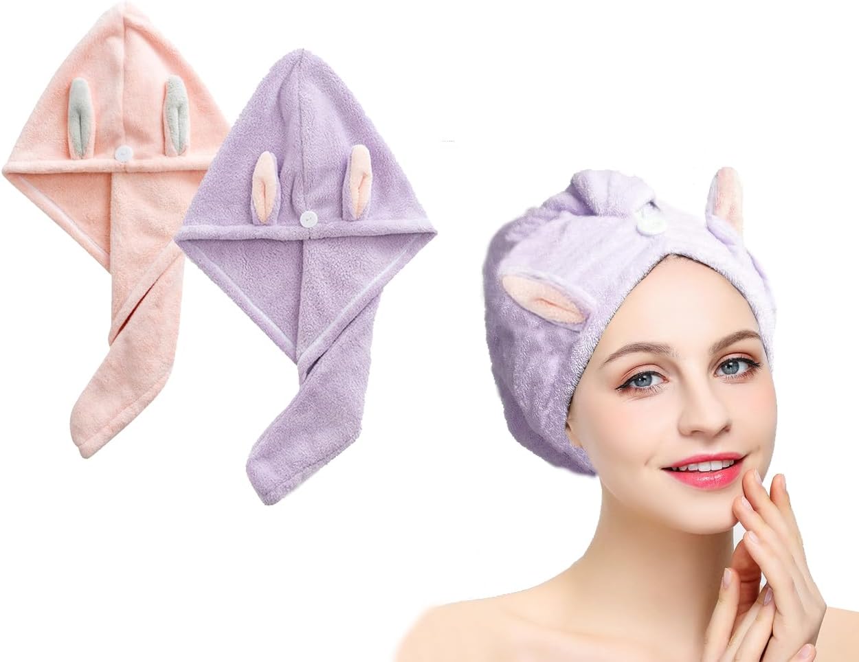 Whaline 2 Pack Parent-Child Quick Dry Hair Towel Cute Mouse Hair Towel Wrap Purple