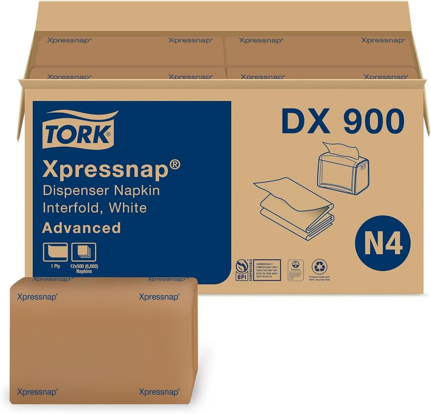 Tork Xpressnap® White Dispenser Napkin N4, Advanced, Interfold 1-ply, 13" x 8.5", 12 x 500 napkins, DX900